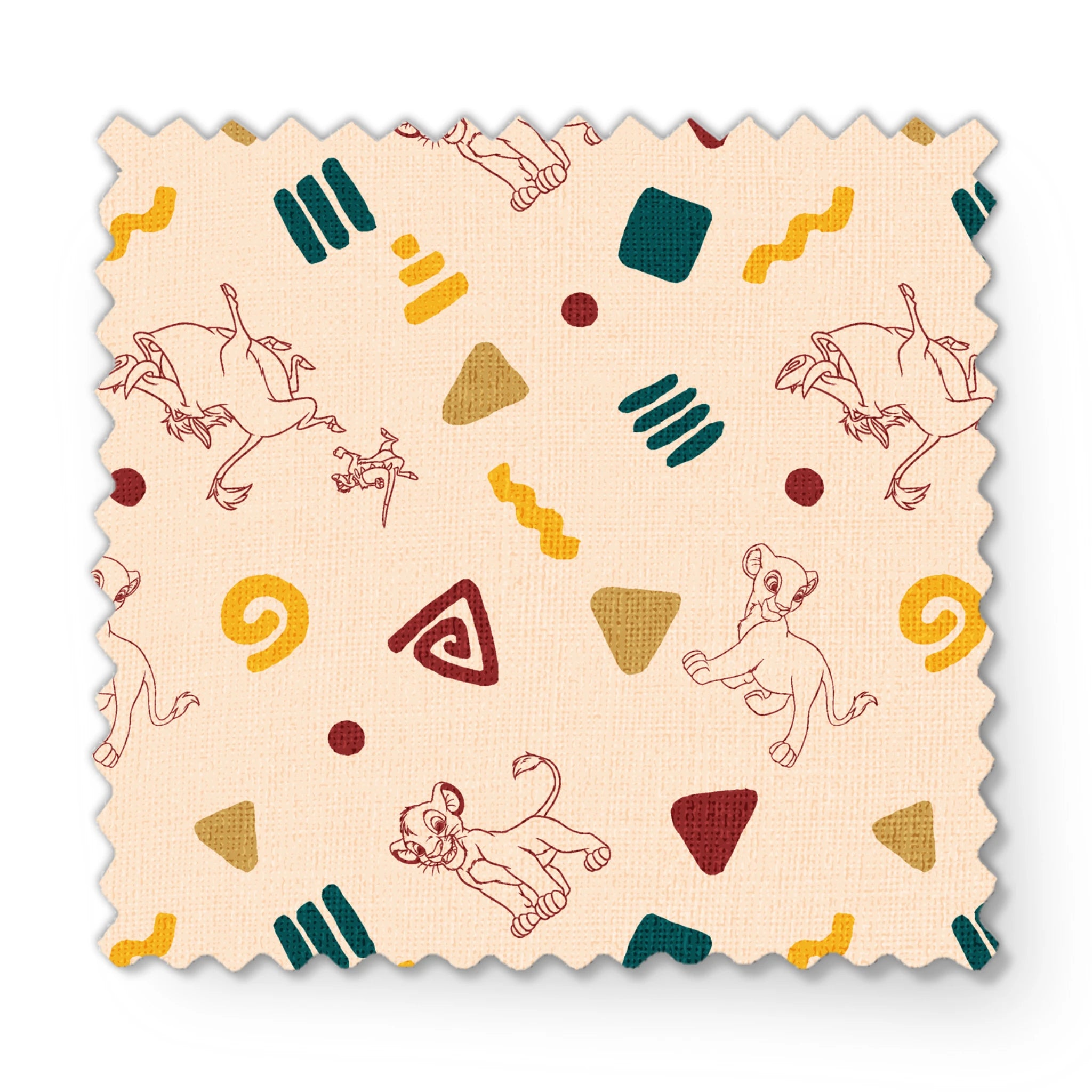 Abstract pattern with line art animal sketches, geometric shapes in teal, yellow, and burgundy on beige background fabric swatch mockup
