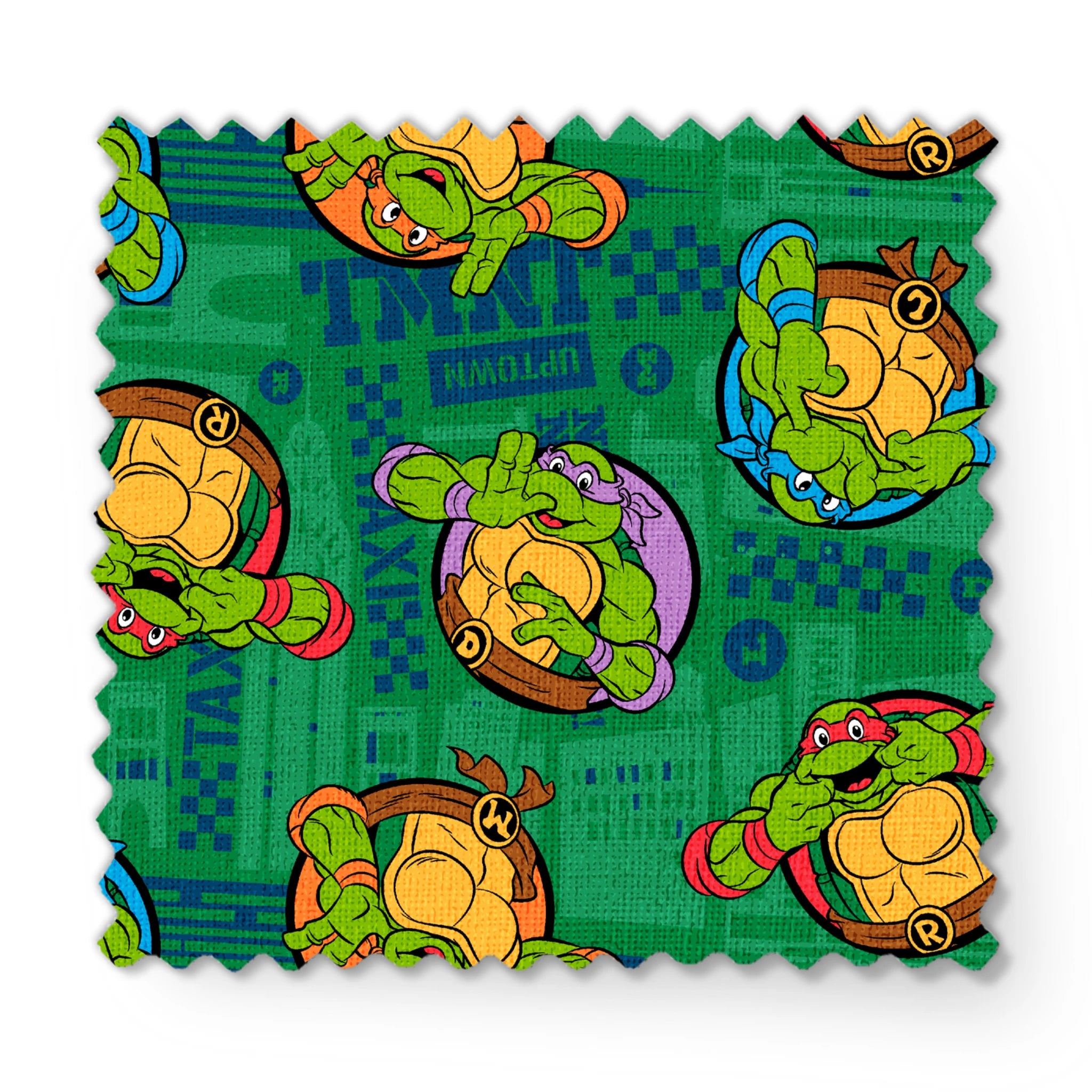 Teenage Mutant Ninja Turtles cartoon characters on green patterned background fabric swatch mockup