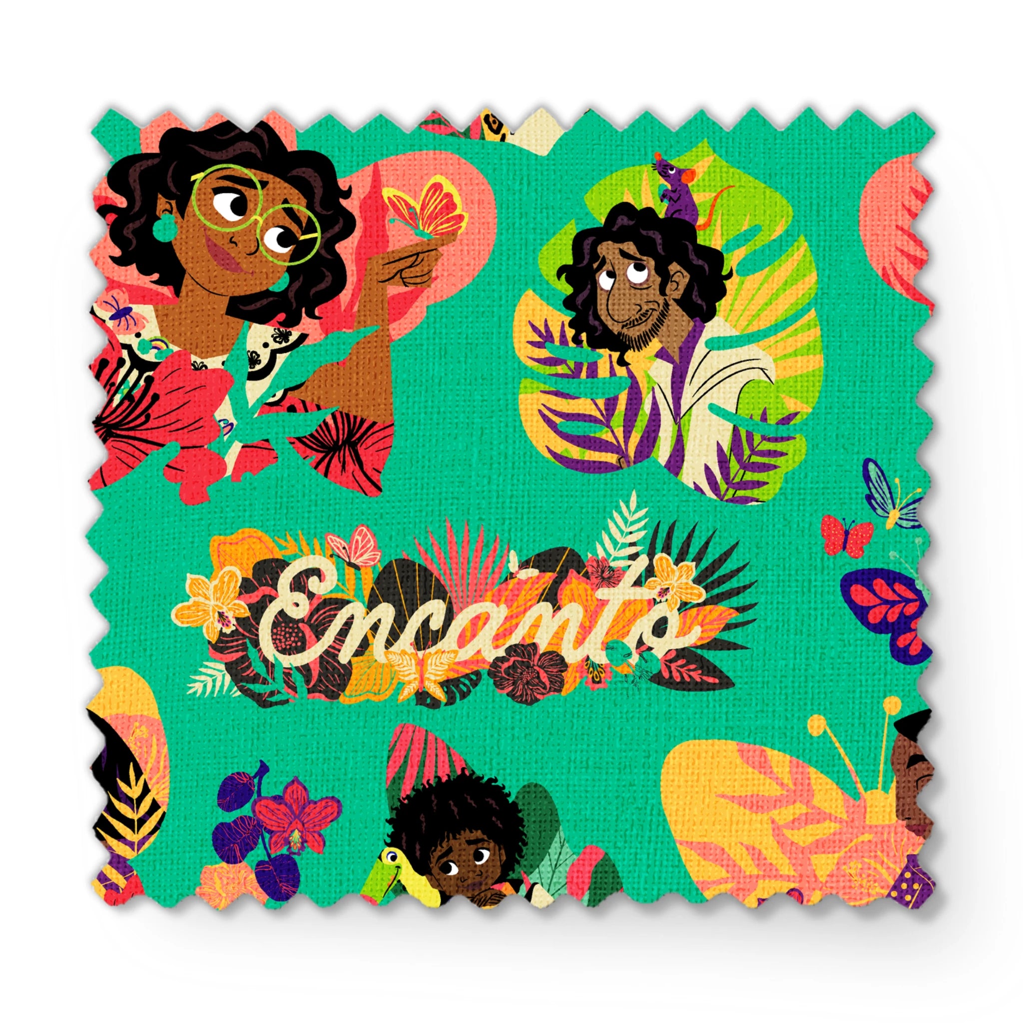 Colorful illustration with characters, butterflies, and tropical leaves on turquoise background with "Encanto" text fabric swatch mockup