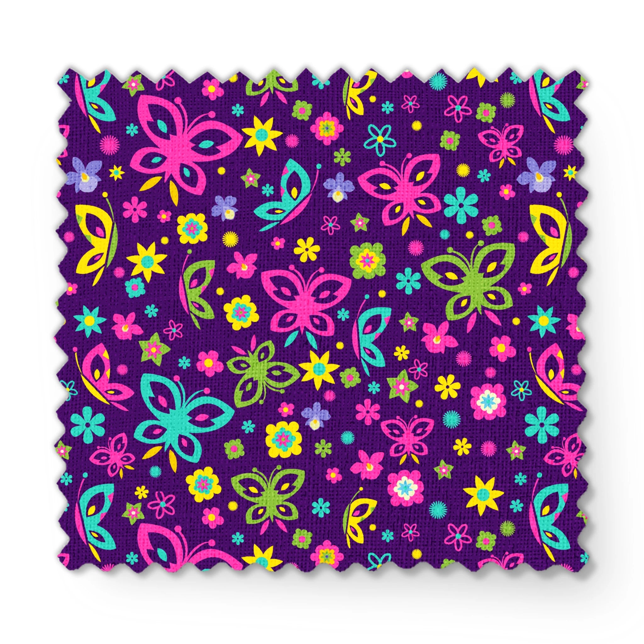 Colorful butterfly and flower pattern on purple background with pink, blue, green, and yellow designs fabric swatch mockup