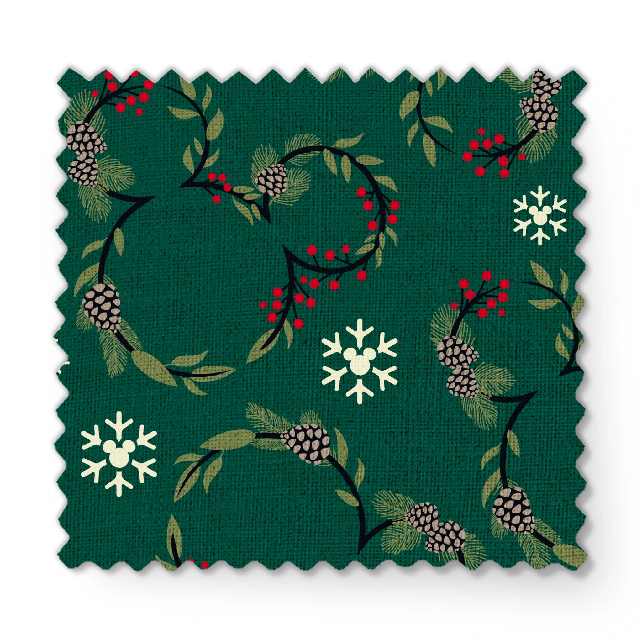Holiday pattern with green wreaths, pinecones, red berries and white snowflakes on dark green background fabric swatch mockup