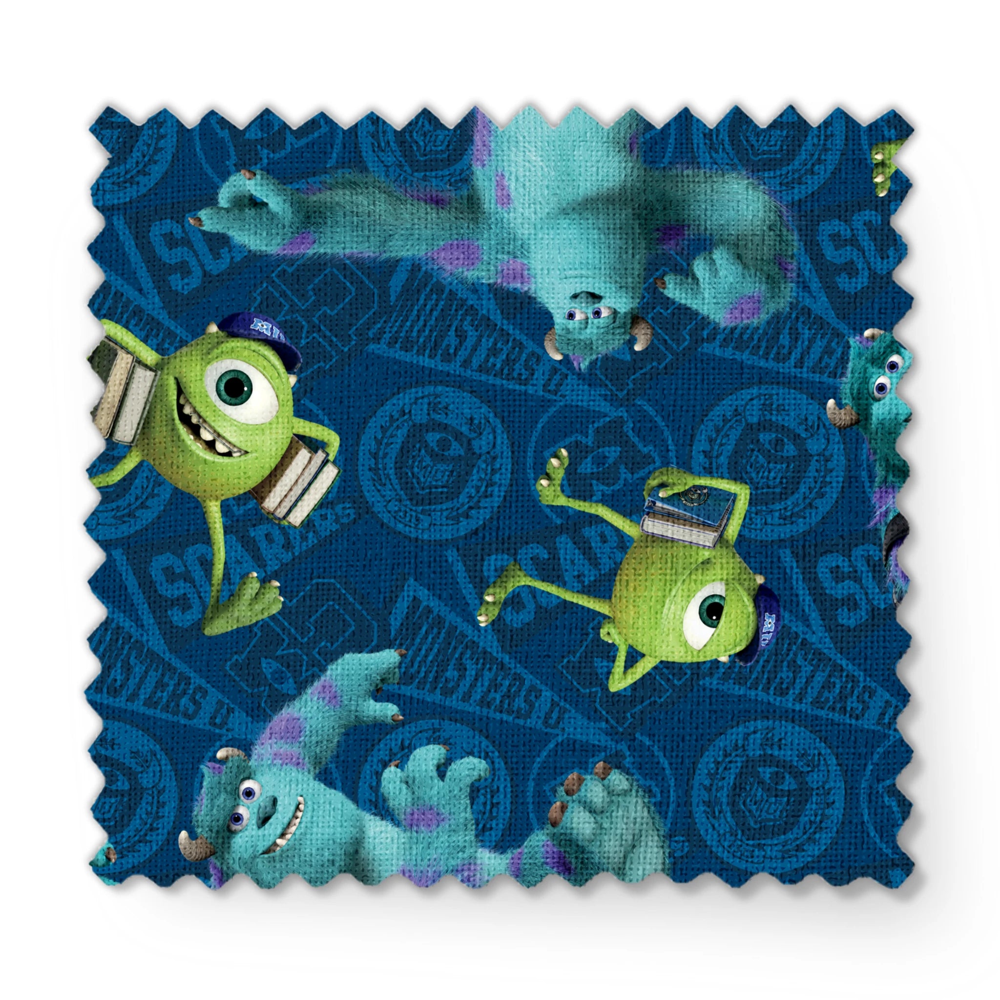 Monsters Inc characters pattern with Mike Wazowski and Sully on blue background fabric swatch mockup