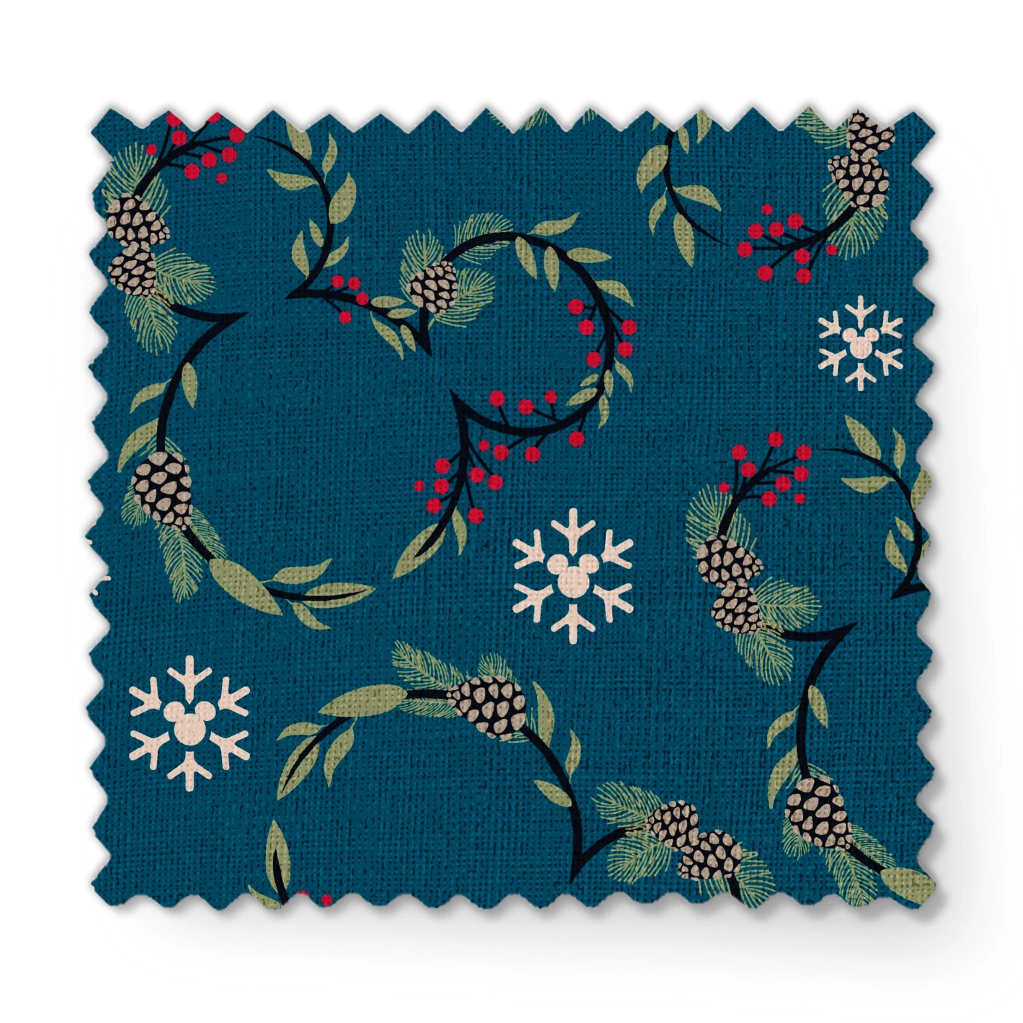 Holiday pattern with circular wreaths, white snowflakes, and botanical elements on teal background fabric swatch mockup