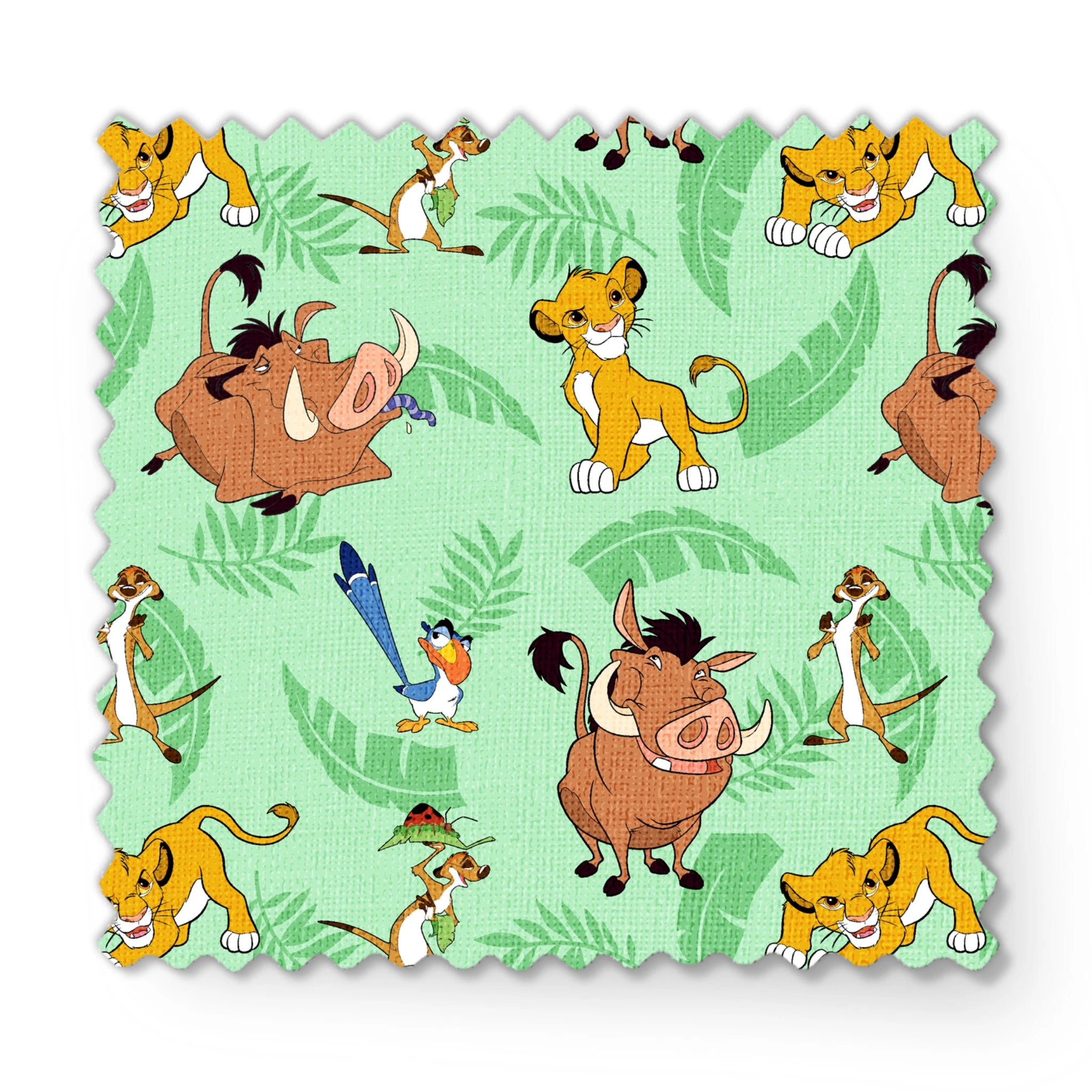 A repeating pattern of Lion King characters - Simba, Timon, Pumbaa, and Zazu on a light green leafy background. fabric swatch mockup