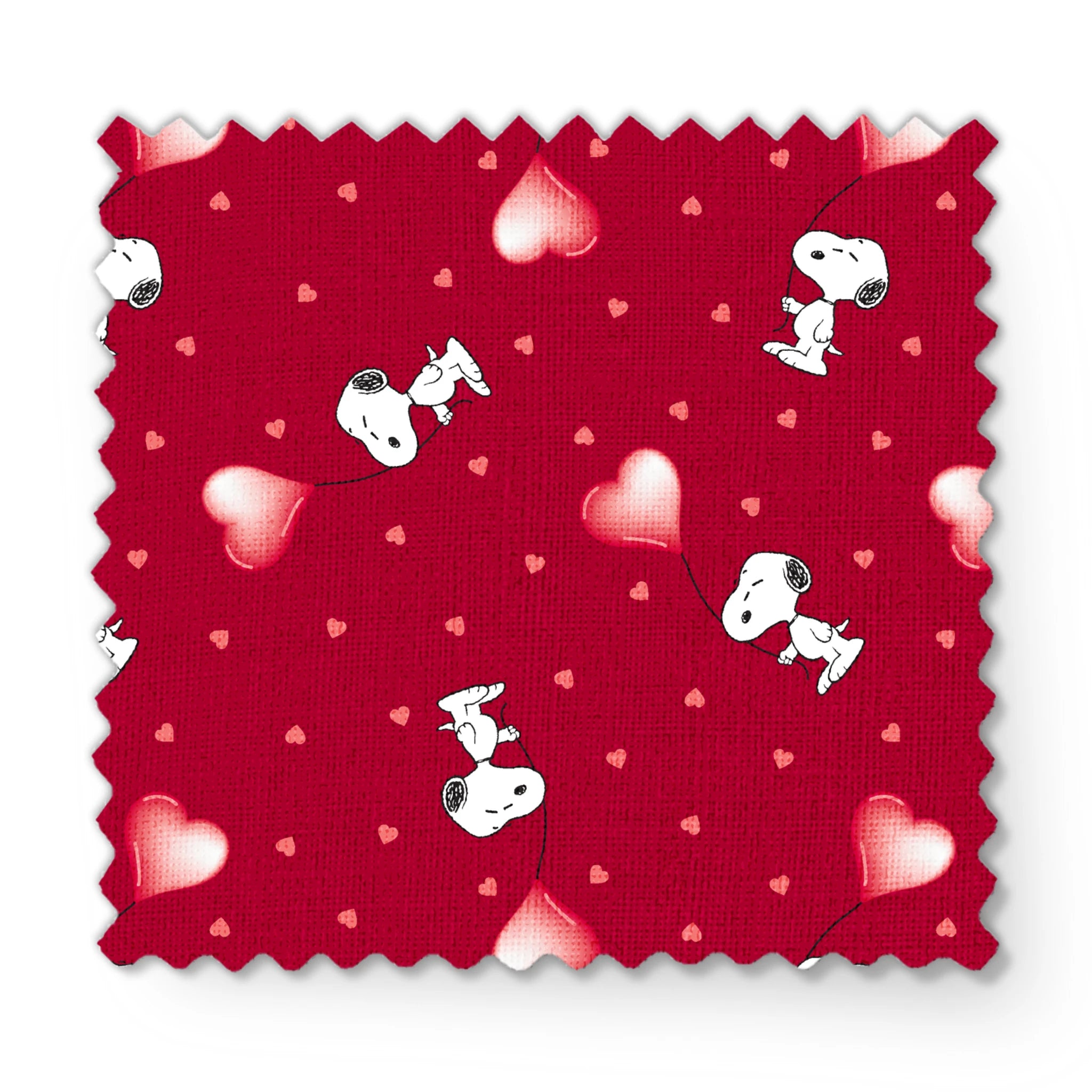 Snoopy scattered on red background with pink and white hearts pattern fabric swatch mockup