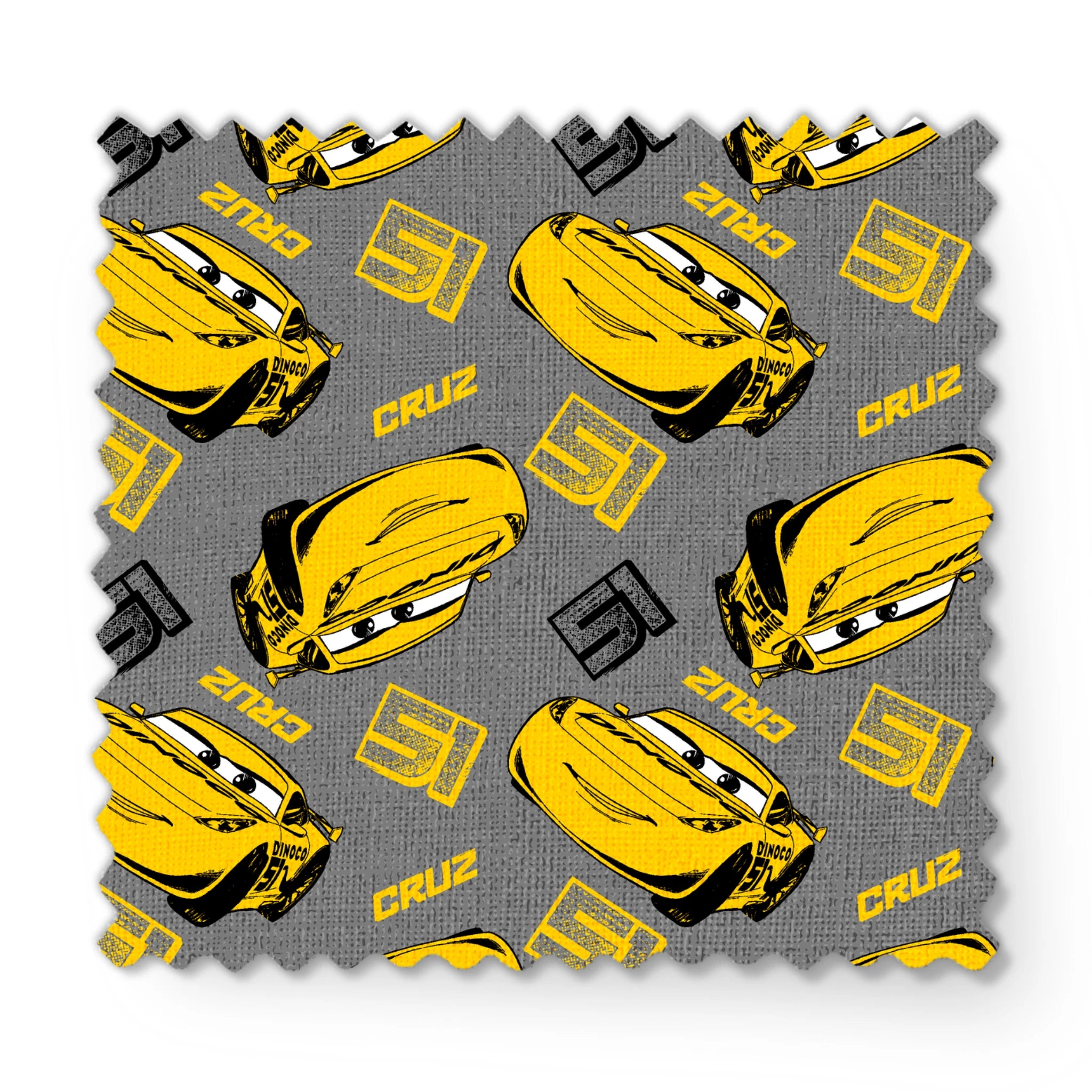 Yellow cartoon race cars with Cruz name on gray background, Cars movie pattern fabric swatch mockup