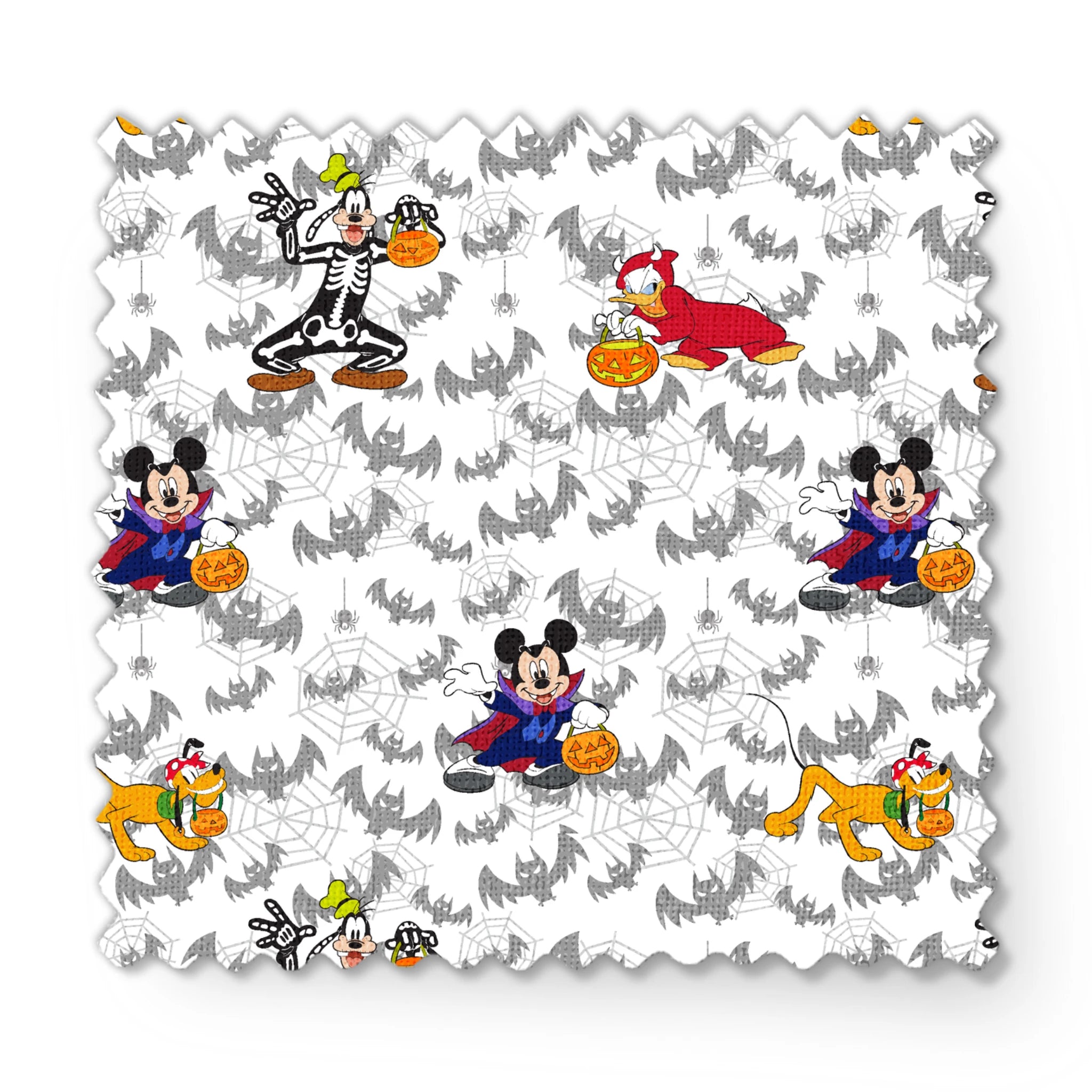 Disney cartoon characters in Halloween costumes with pumpkins on bat pattern background fabric swatch mockup