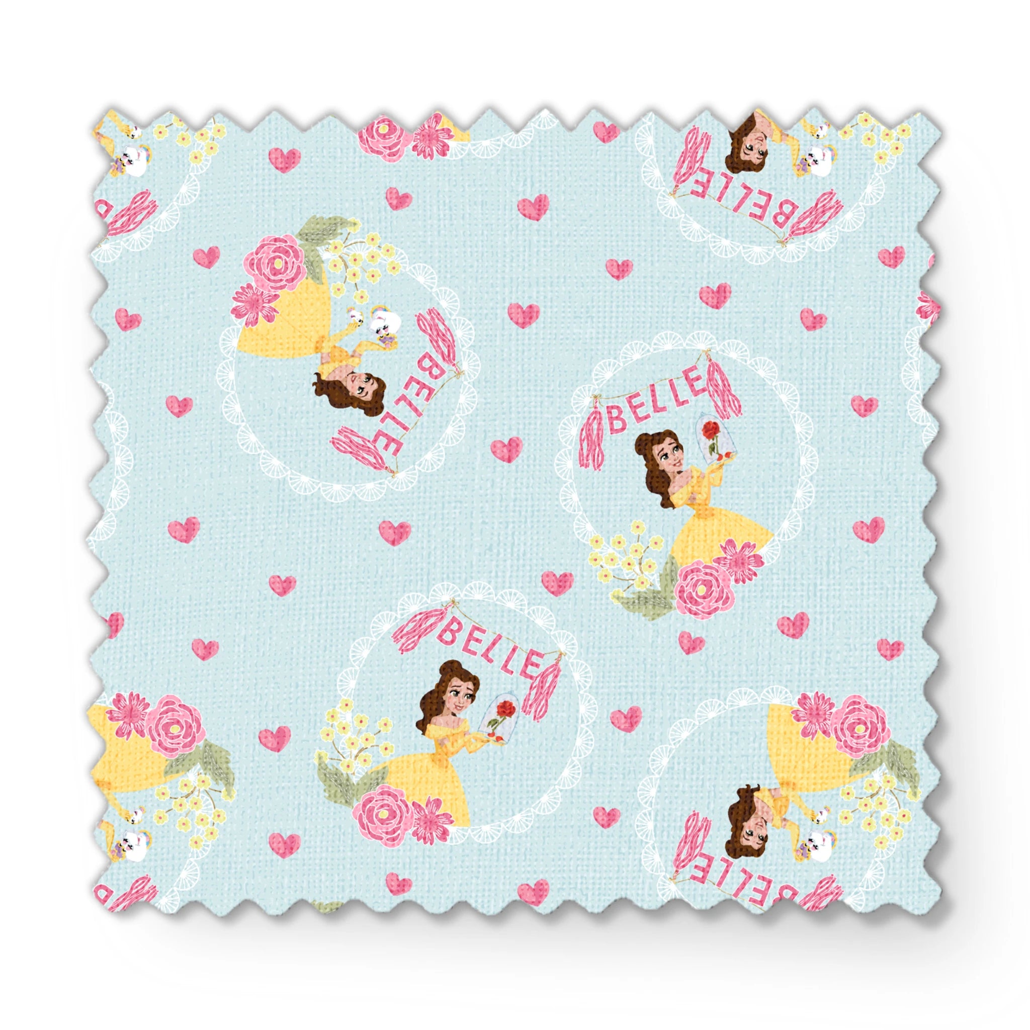 Princess Belle pattern with yellow dress, "Belle" text, hearts, and flowers on light blue background fabric swatch mockup