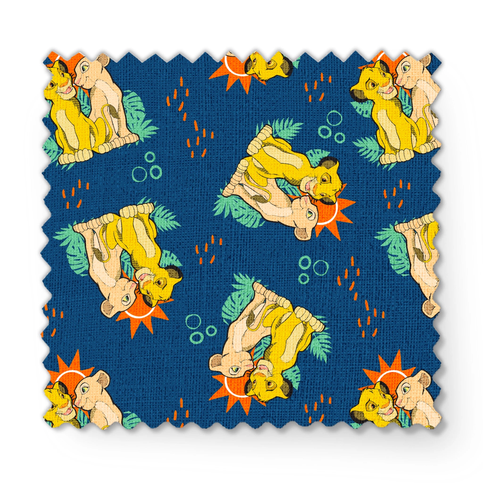 Yellow cartoon lions and pale yellow animals on teal background with tropical leaves, orange sun shapes and bubbles. fabric swatch mockup