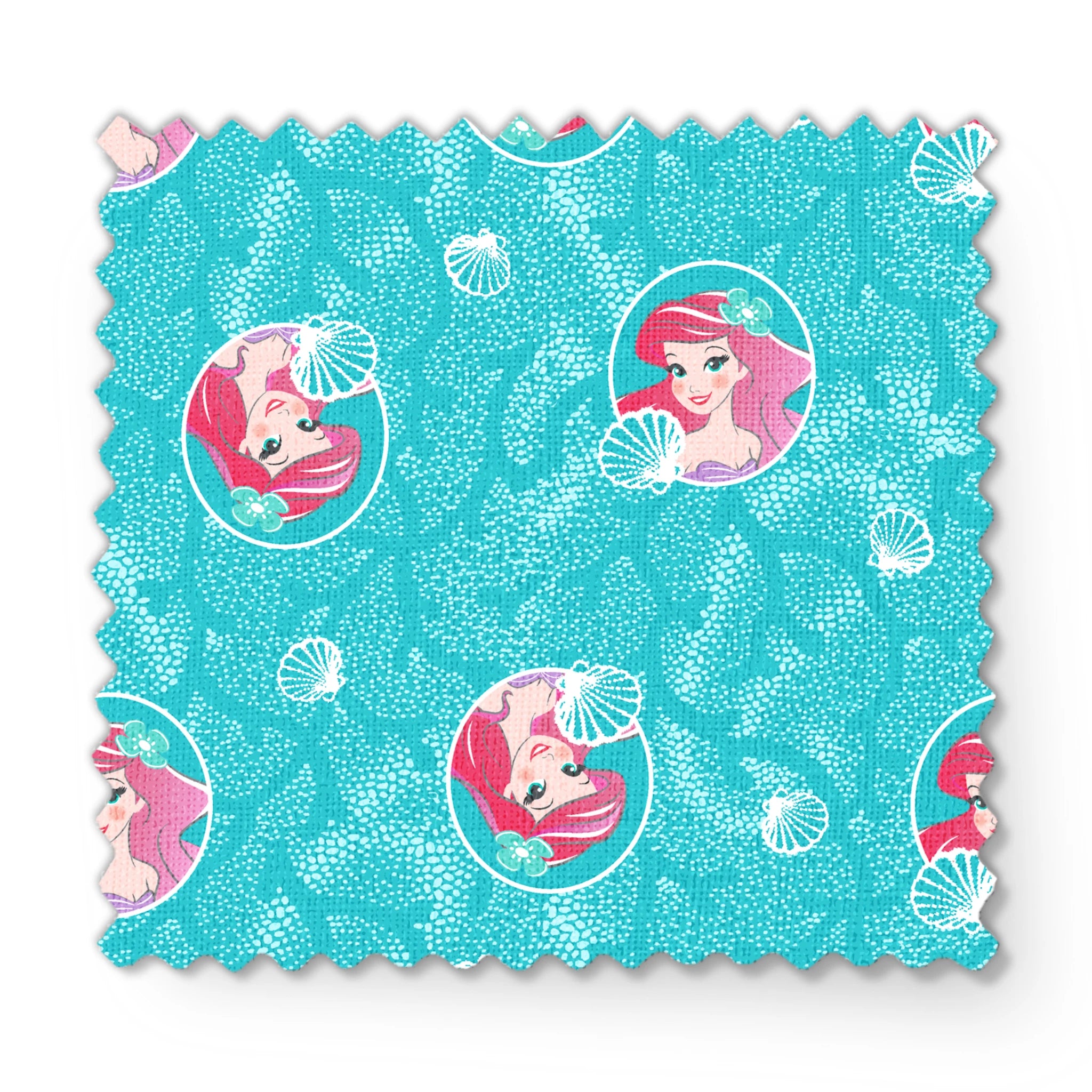 The Little Mermaid pattern with Ariel in turquoise circles on aqua background with seashells fabric swatch mockup