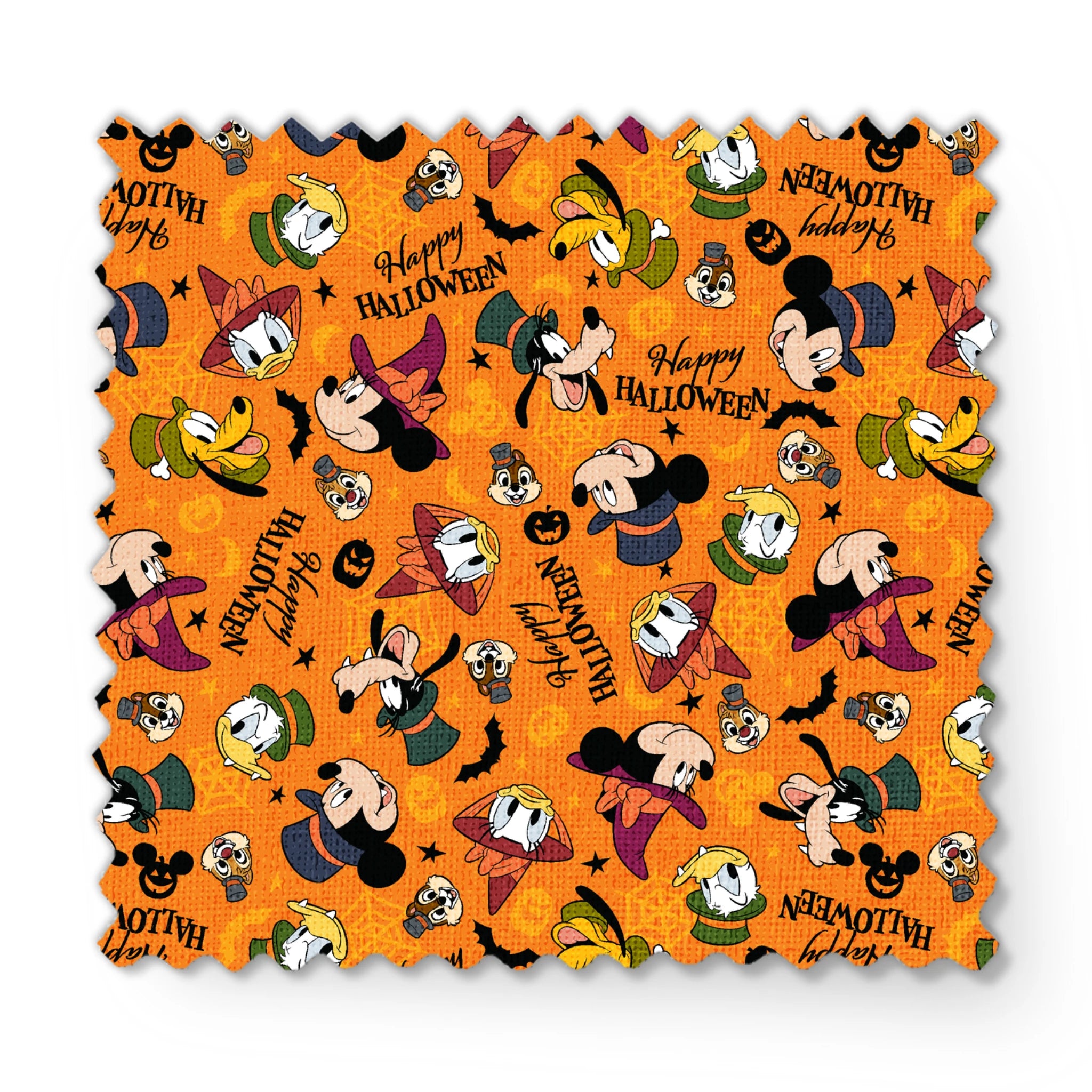 Disney characters in Halloween costumes on orange background with pumpkins and "Happy Halloween" text fabric swatch mockup