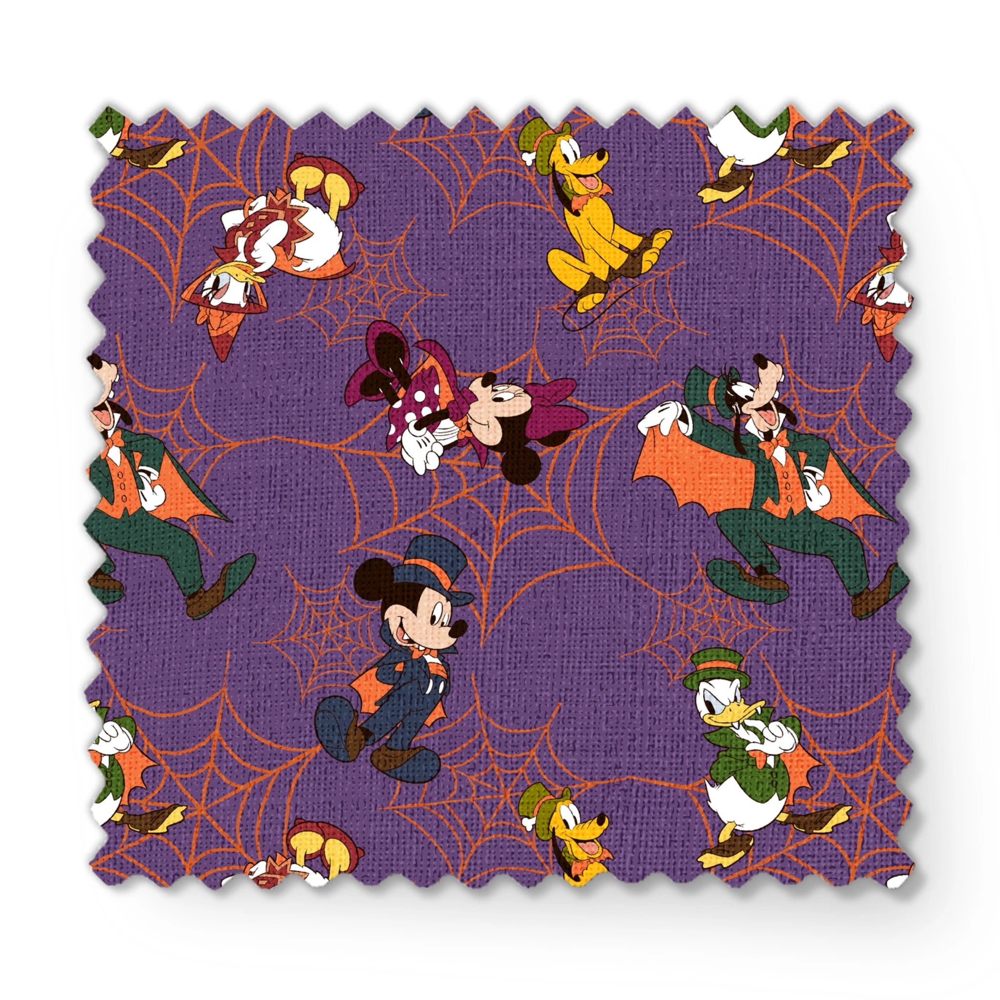 Disney cartoon characters in Halloween costumes on purple background with orange spider webs fabric swatch mockup