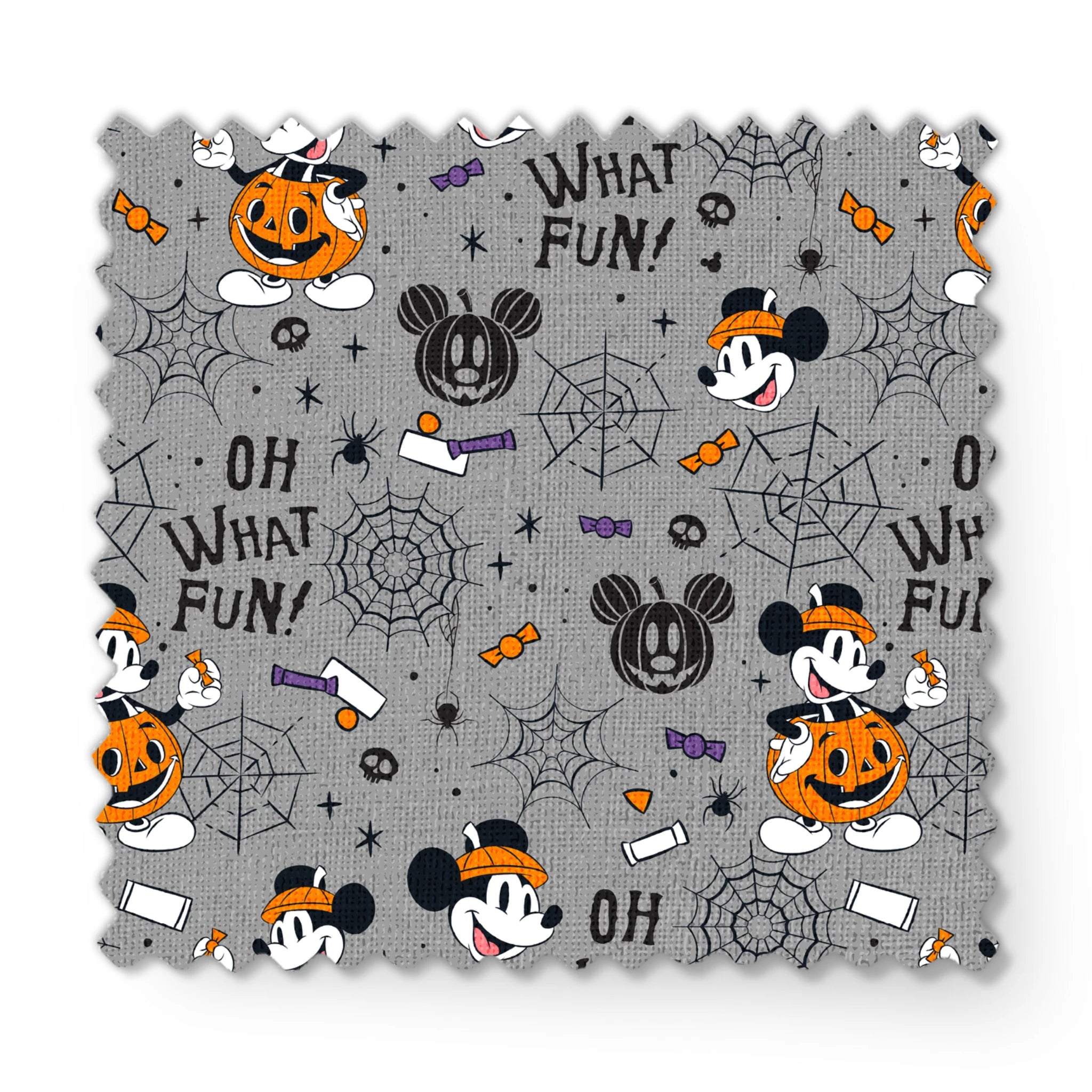 Halloween pattern with Mickey Mouse characters, pumpkins, spider webs, and "Oh What Fun!" text on gray background fabric swatch mockup