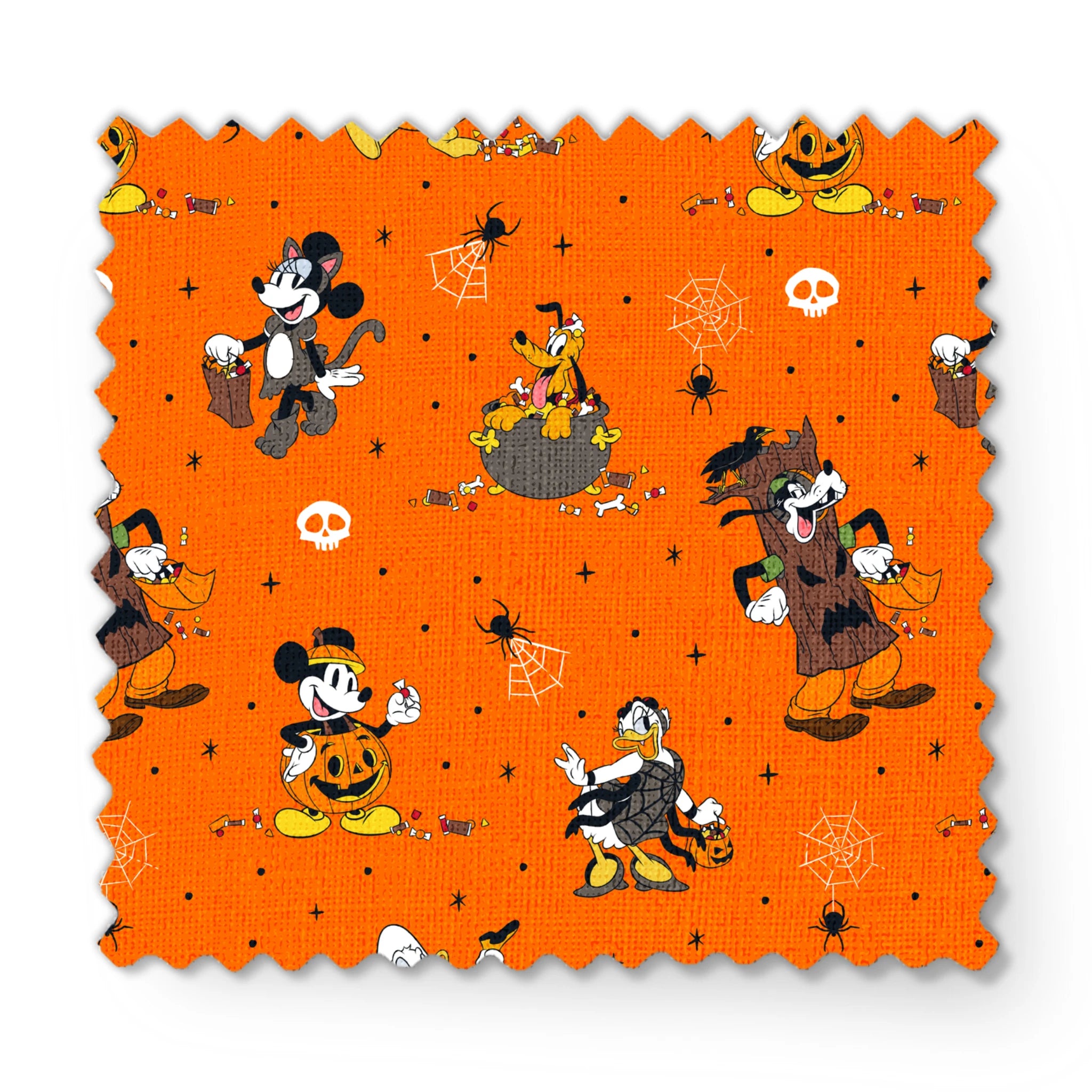 Halloween-themed orange pattern with Disney characters in costumes, spiderwebs, and skulls fabric swatch mockup