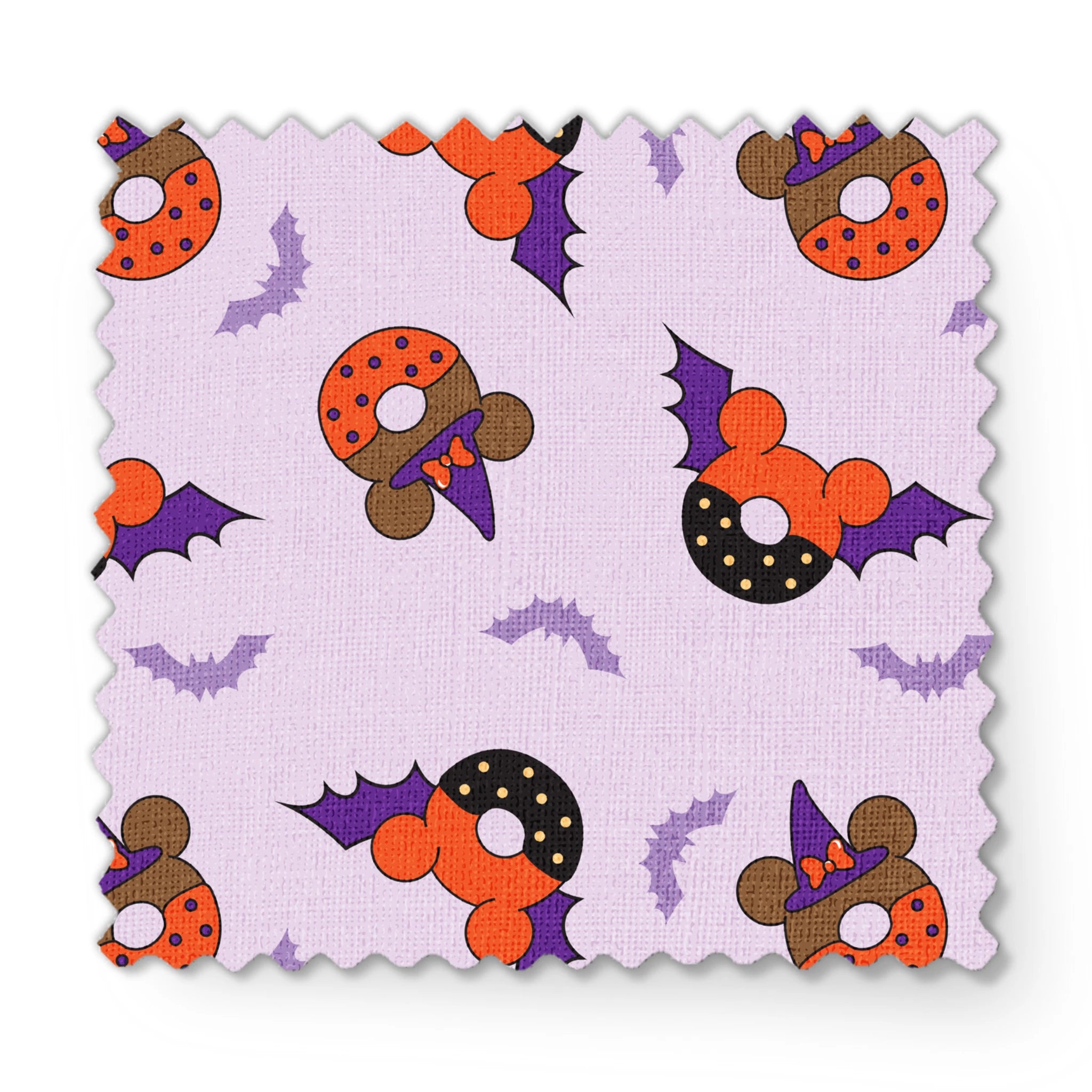Disney Halloween-themed pattern with orange and black donuts, purple bat wings, and light purple bats on lavender background fabric swatch mockup
