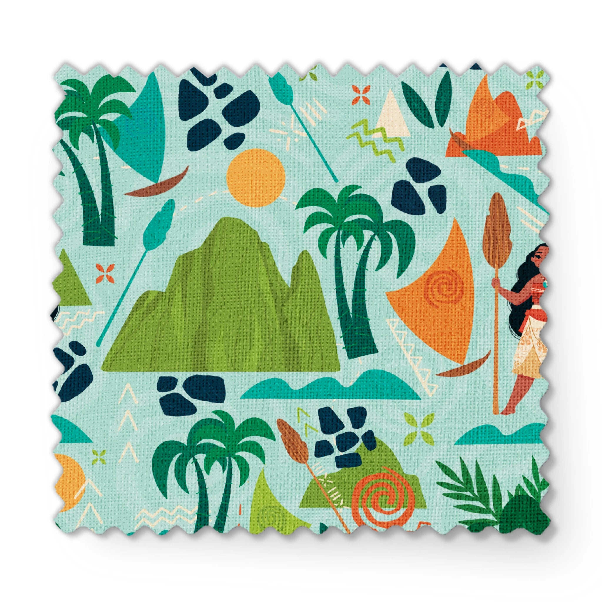 Tropical pattern with palm trees, mountains, sailboats and Polynesian-inspired motifs on mint green fabric swatch mockup