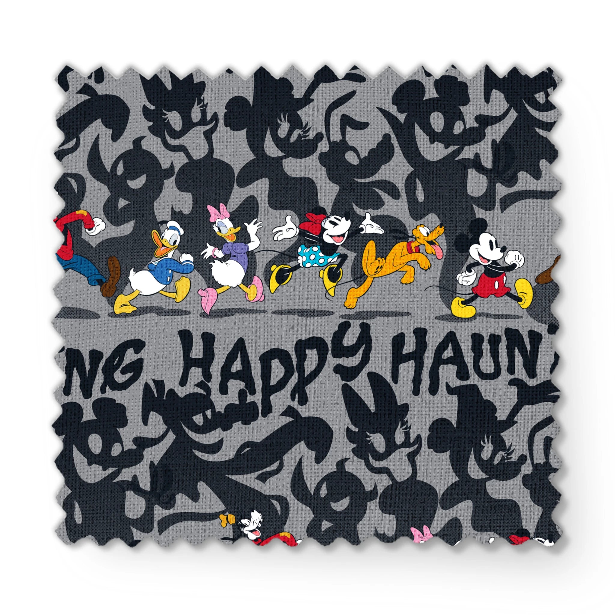 Classic Disney characters on dark gray background with "Happy Haunting" text, Mickey, Donald, and friends in Halloween-themed poses. fabric swatch mockup