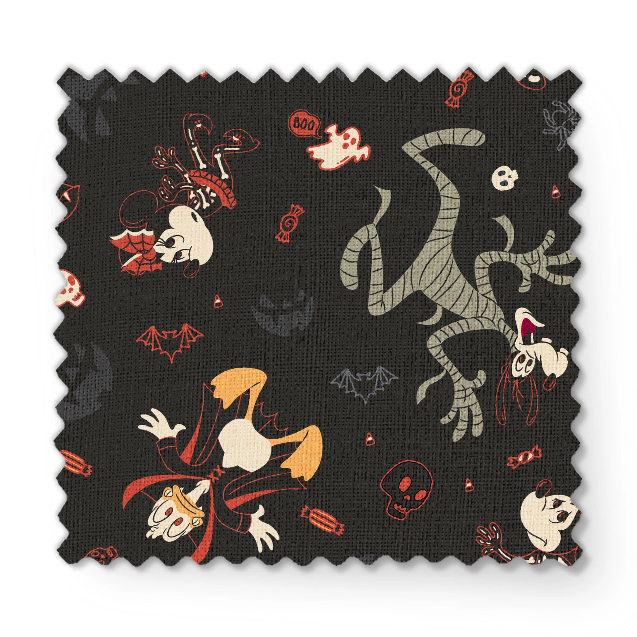 Disney Halloween pattern with Mickey & friends and candy on dark background fabric swatch mockup
