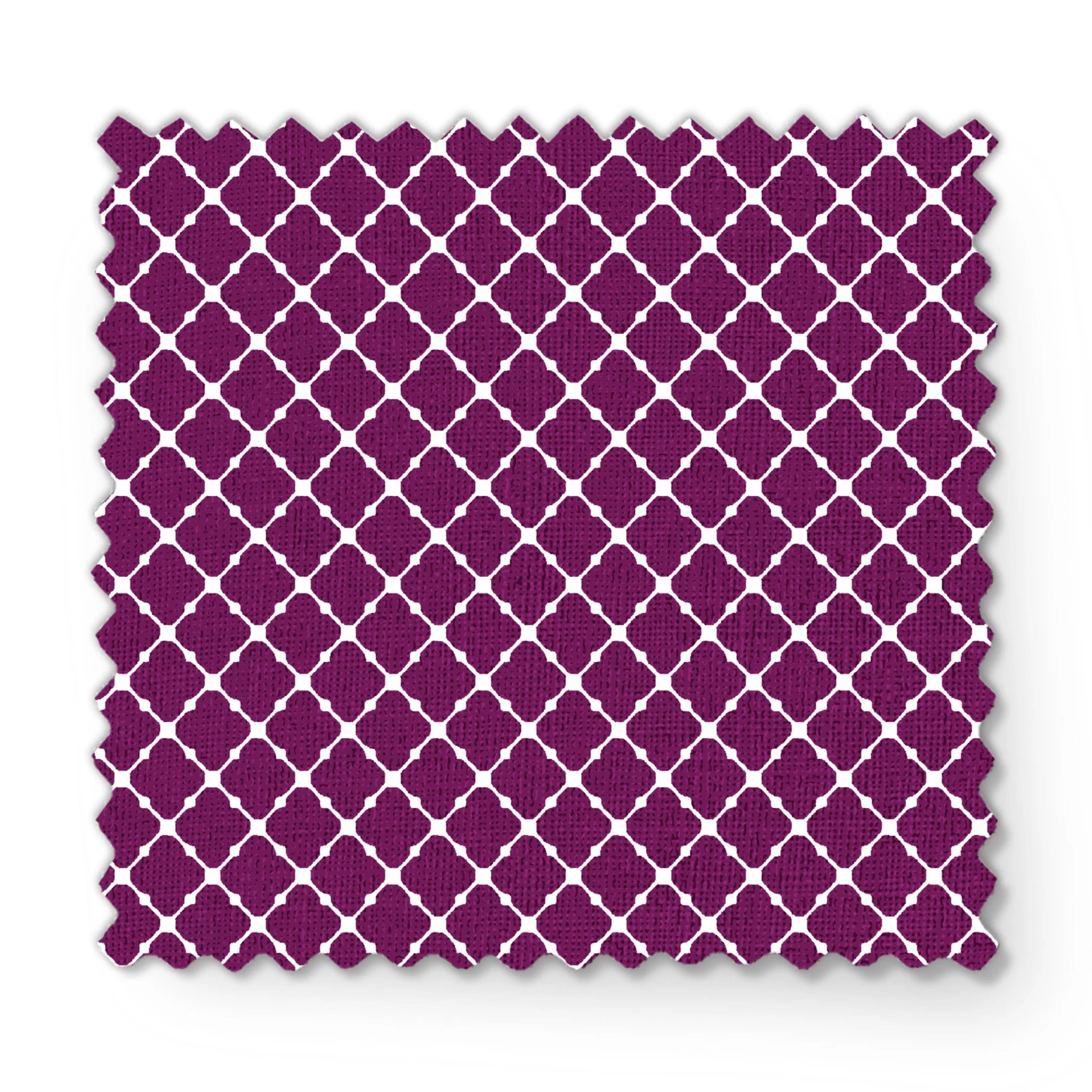 Plum quatrefoil pattern with white lattice outline on deep plum background fabric swatch mockup