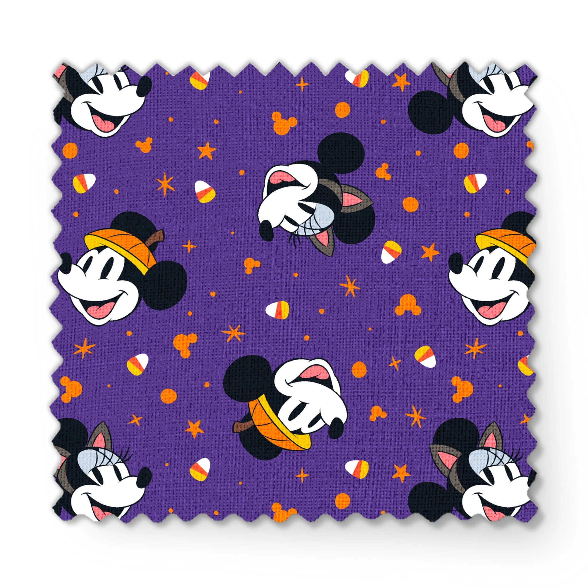 Mickey Mouse Halloween pattern with candy corn and stars on purple background fabric swatch mockup