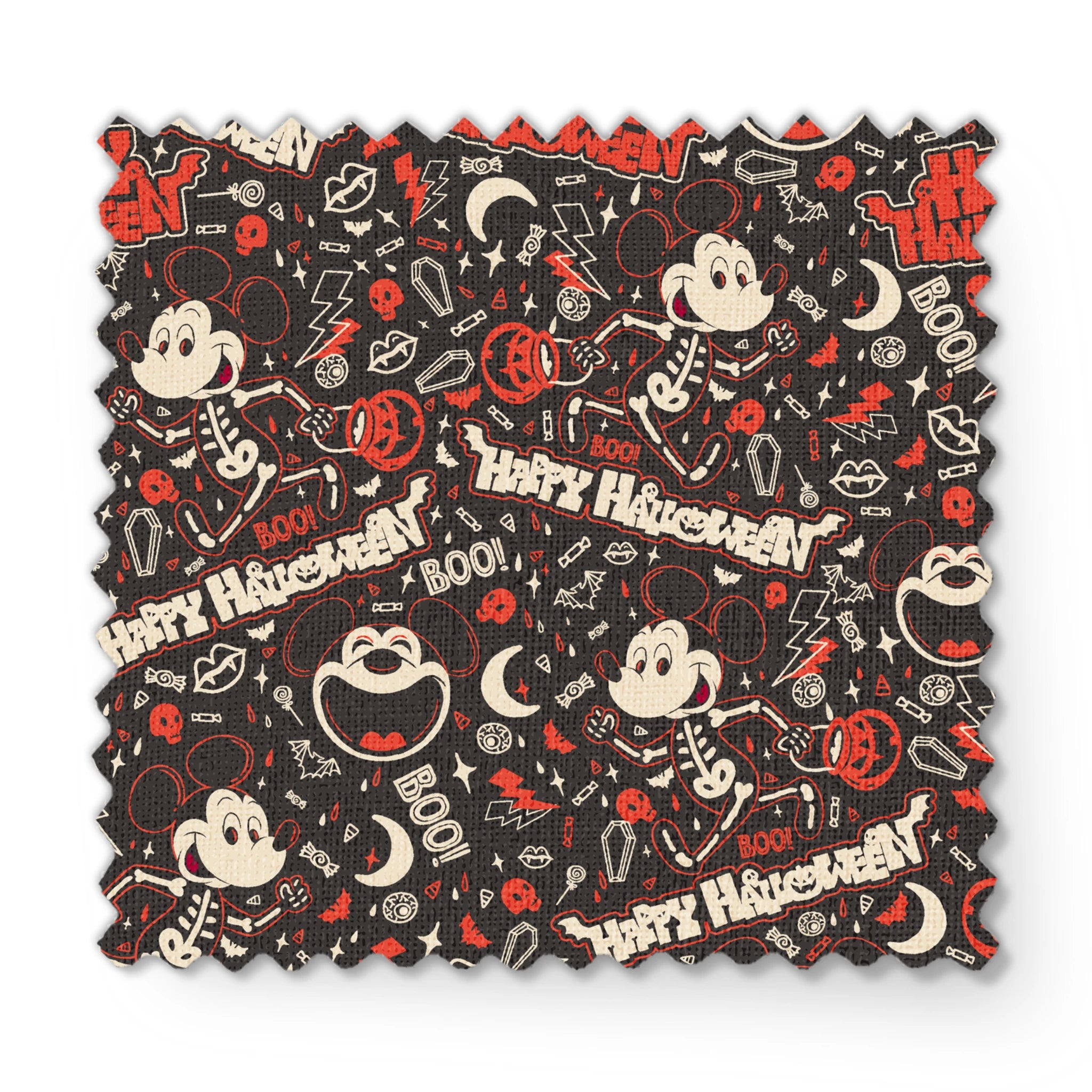 Mickey Mouse Halloween pattern with bats, pumpkins, and "Happy Halloween" text on dark background fabric swatch mockup