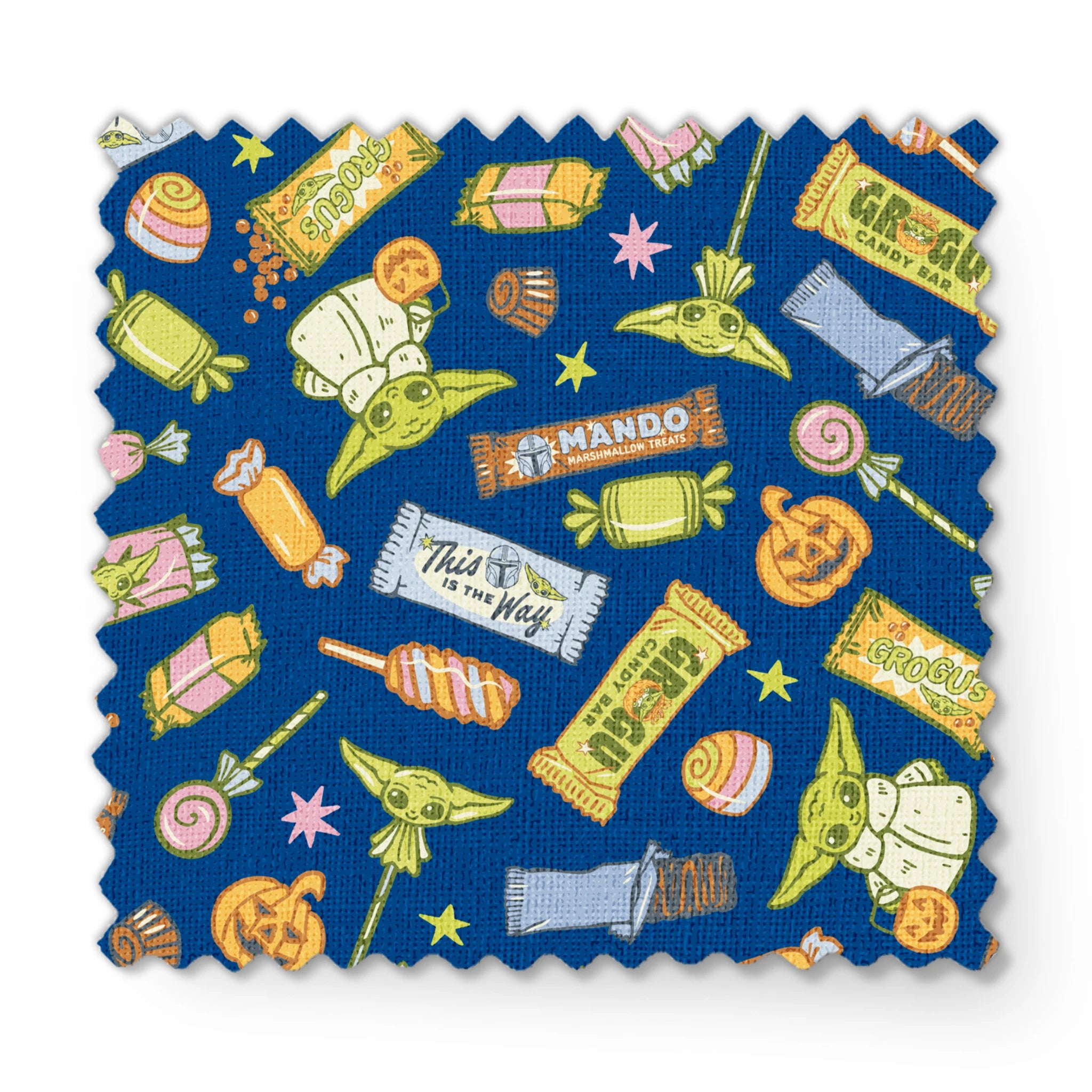 Colorful candy pattern with wrapped sweets, lollipops, and treats on dark blue background fabric swatch mockup