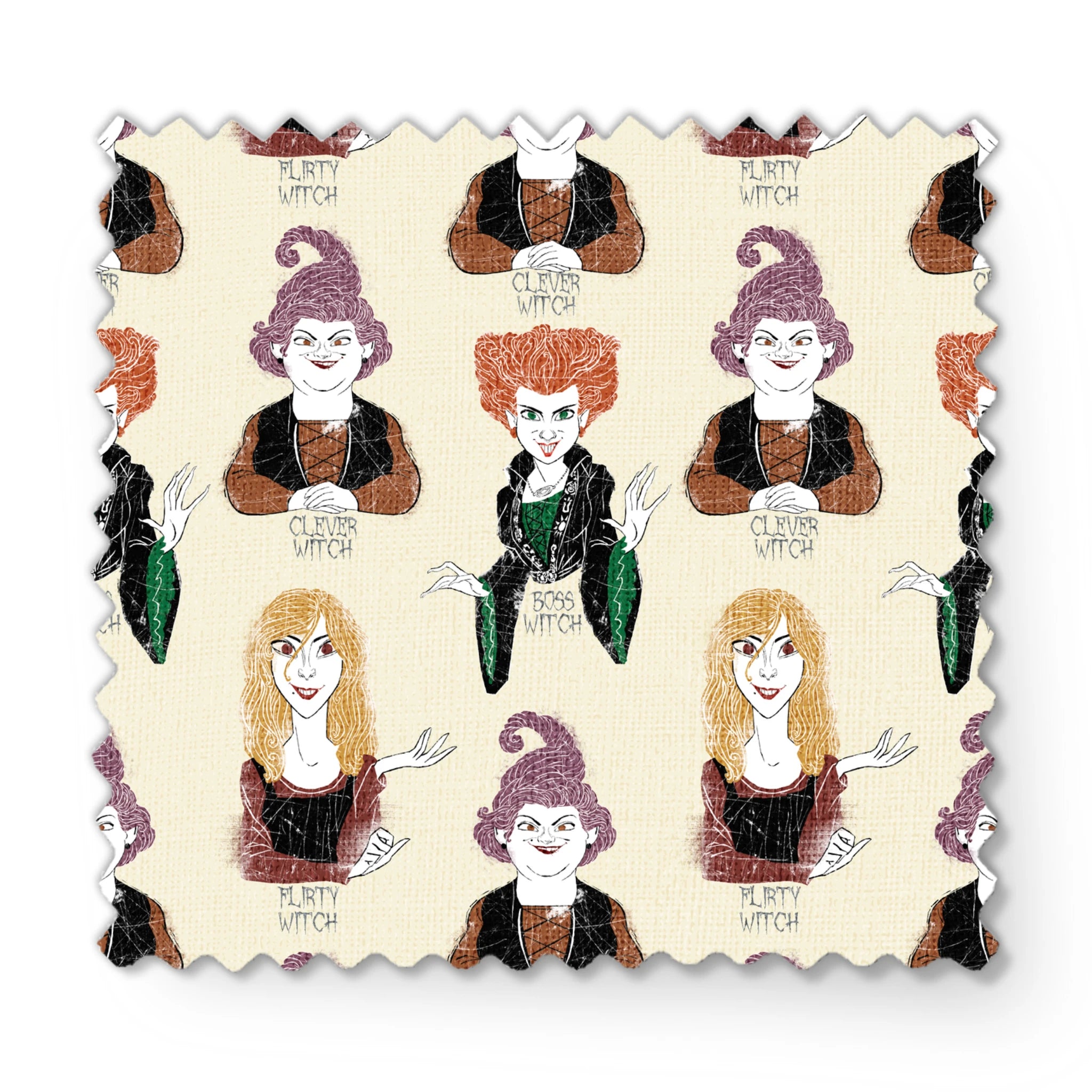 Pattern of illustrated witch characters with different styling - purple hat witch, green-dressed witch, and blonde witch with varying colors and poses fabric swatch mockup