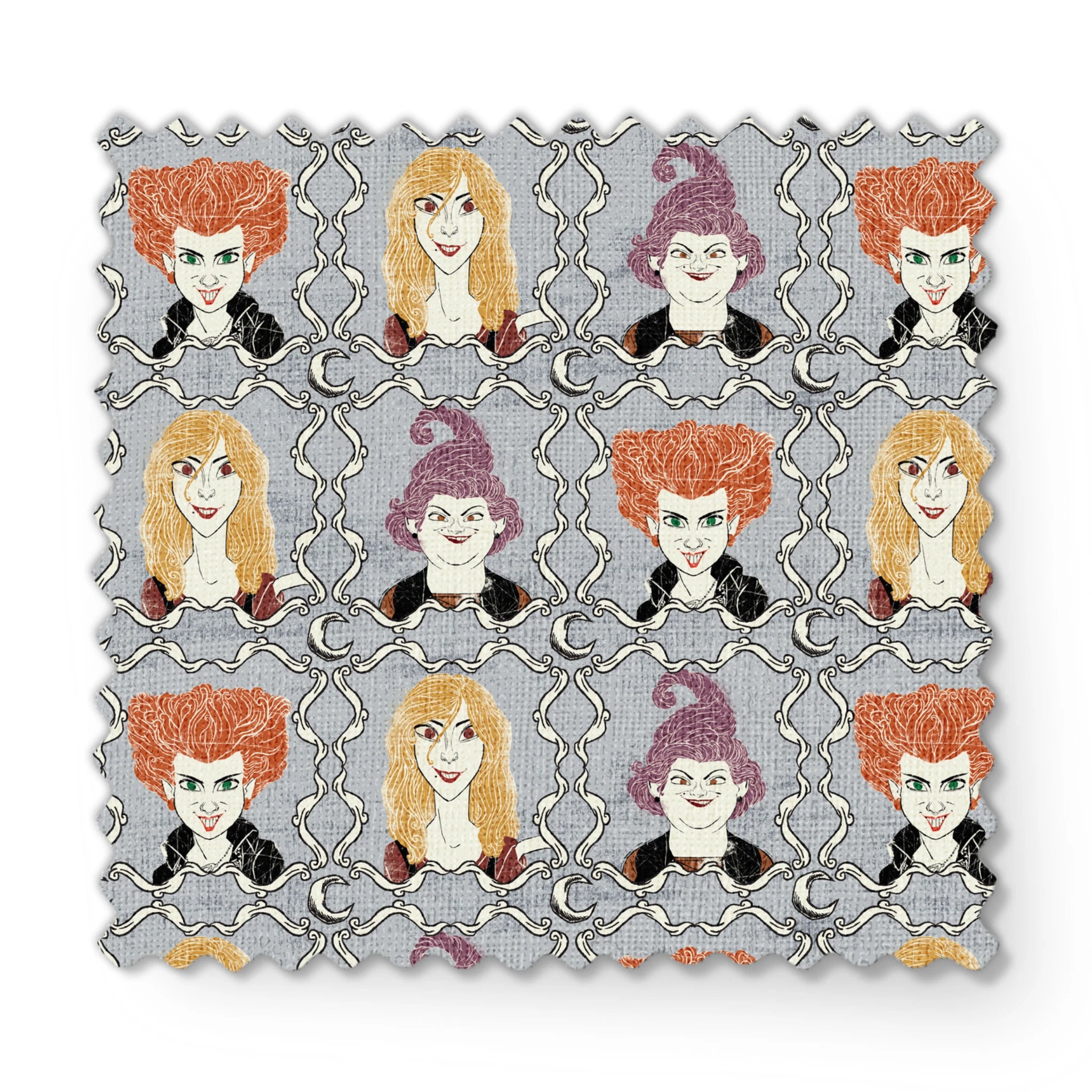 Illustrated portraits of fantasy characters with wild orange, blonde, and purple hair on gray patterned background fabric swatch mockup