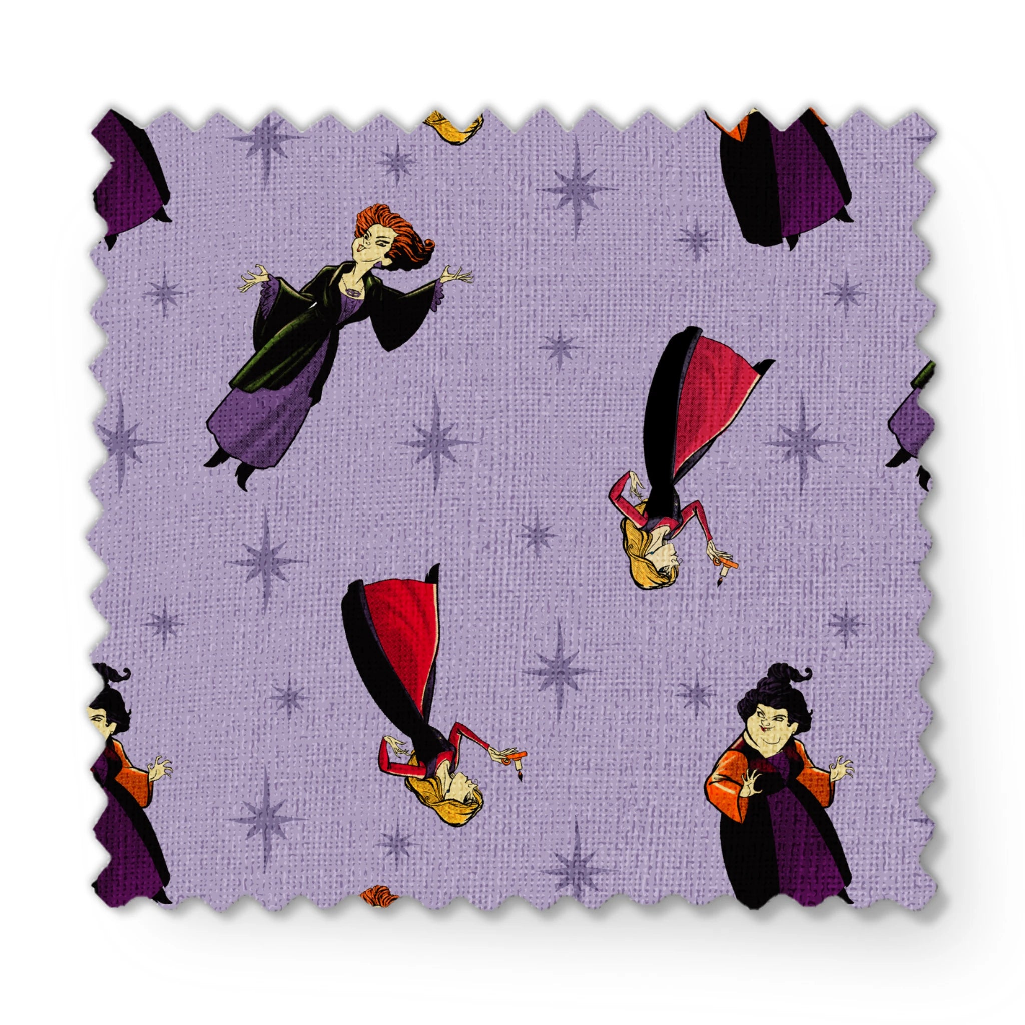 Purple background with cartoon characters in flowing capes and dresses with stars pattern, repeating decorative design fabric swatch mockup