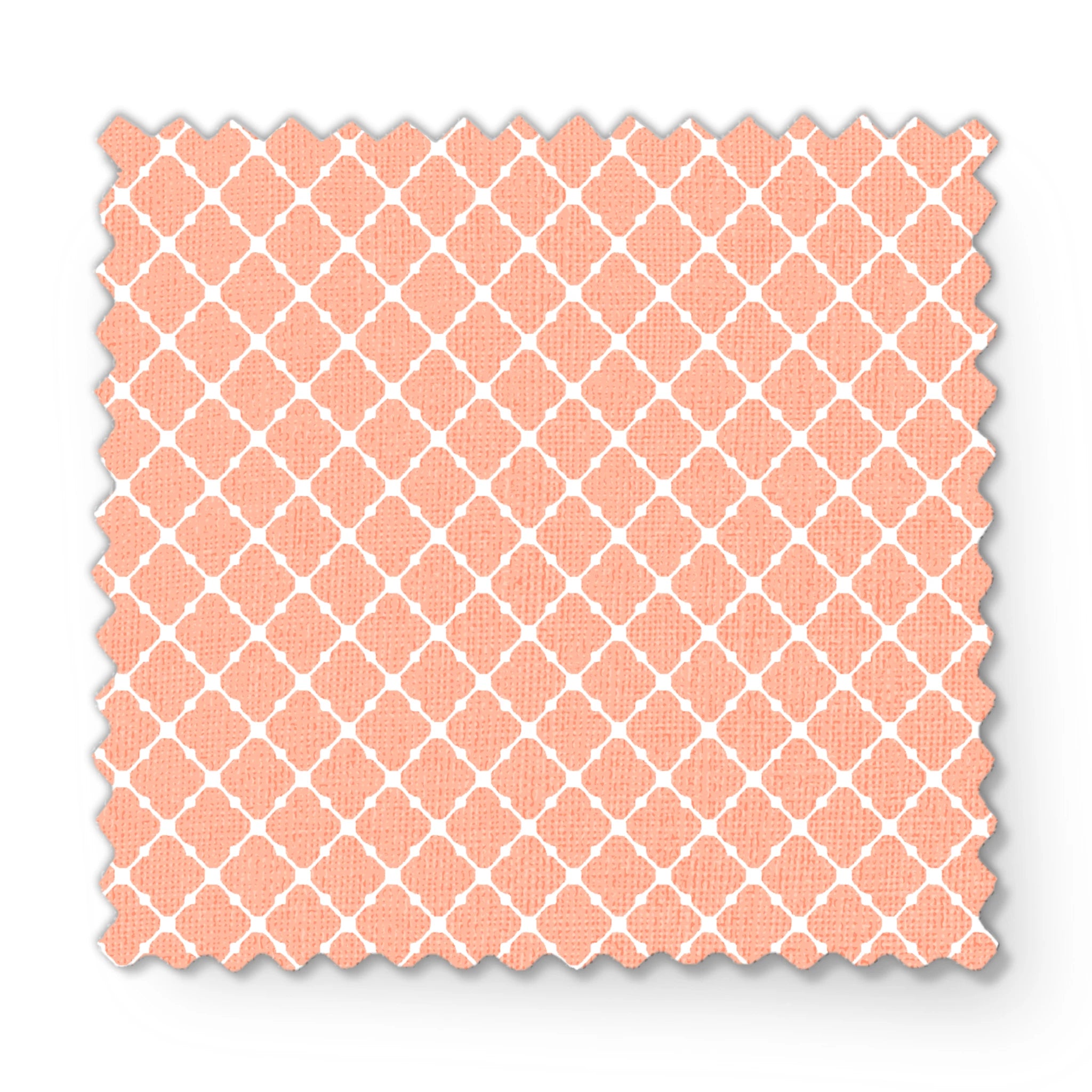 Peach and white quatrefoil pattern with regular geometric shapes in a lattice arrangement fabric swatch mockup