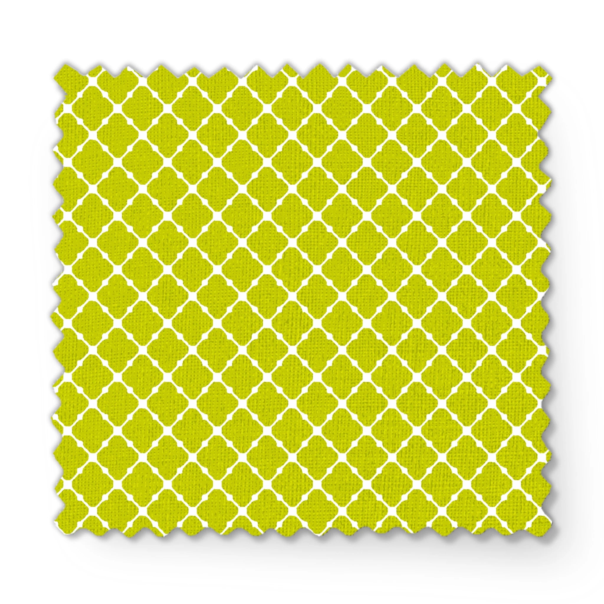 Chartreuse green quatrefoil pattern on white background, forming a geometric lattice design fabric swatch mockup