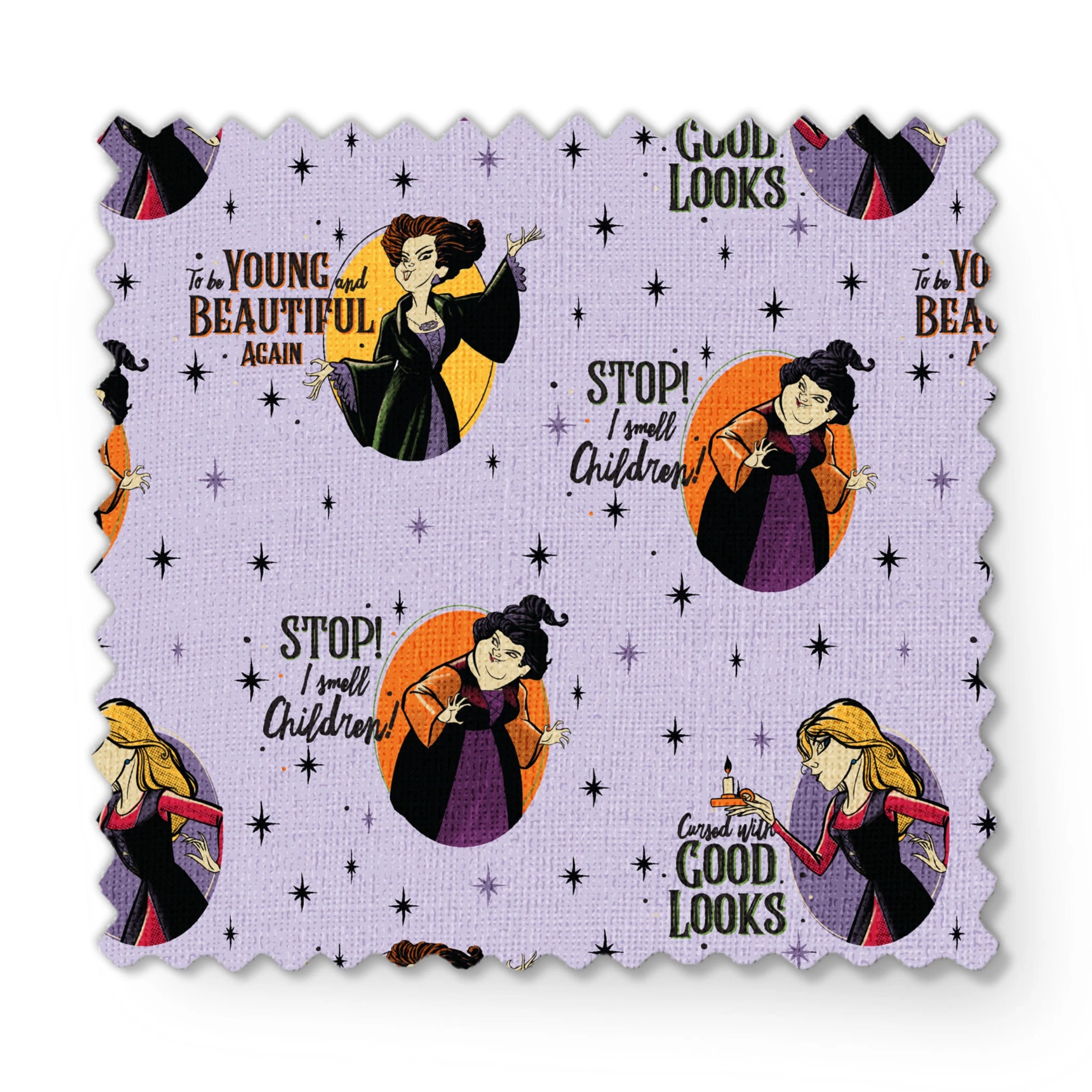 Disney villains pattern with circular portraits on purple starry background featuring animated characters and quote catchphrases fabric swatch mockup