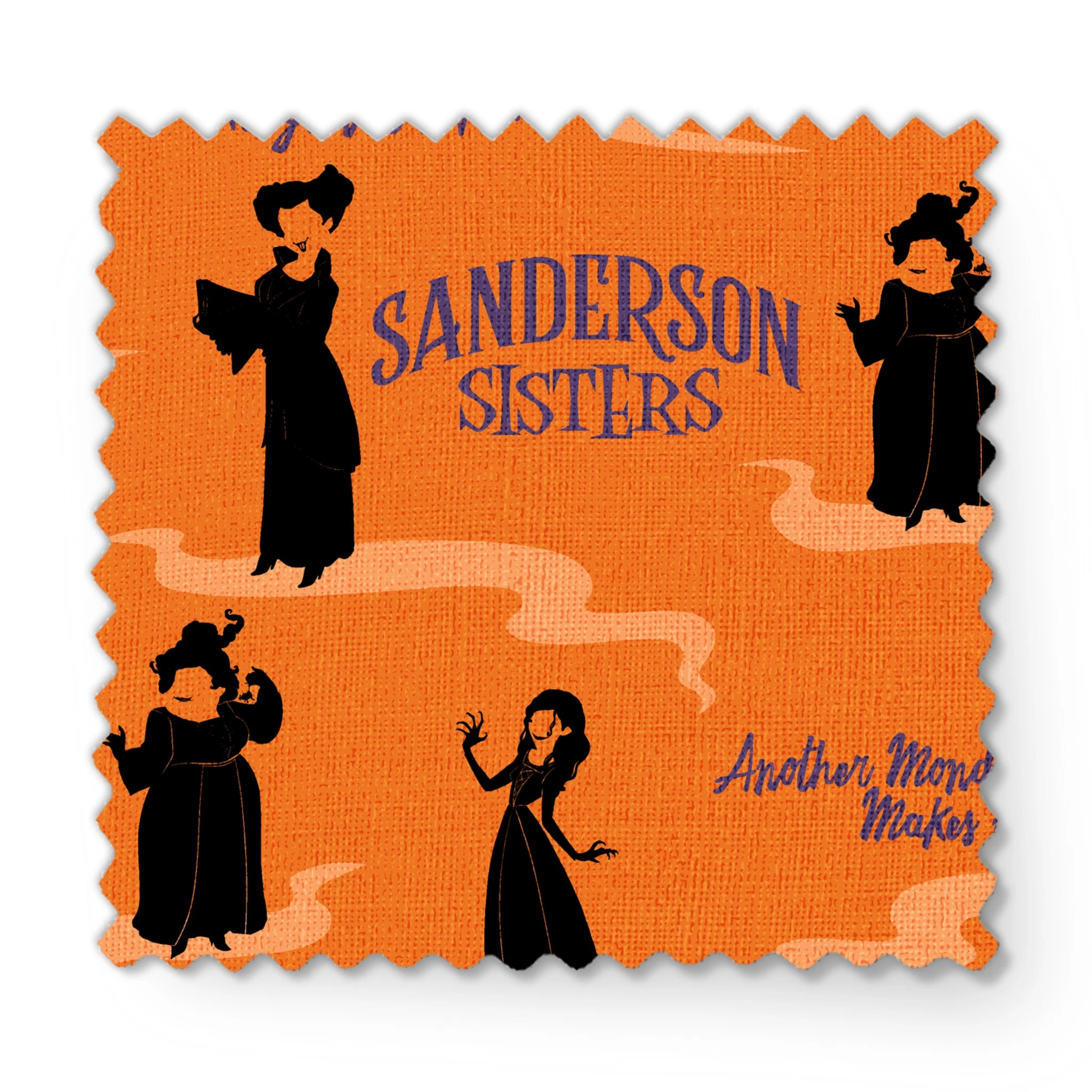 Orange background with silhouettes of witches in black robes and text "Sanderson Sisters" and "Salem's" in blue lettering fabric swatch mockup