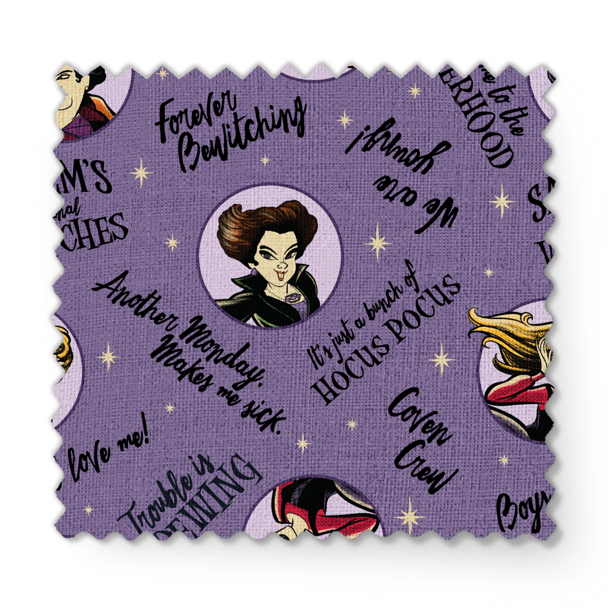 Purple background pattern with cartoon witches in circles, magical phrases and stars scattered throughout in black text fabric swatch mockup
