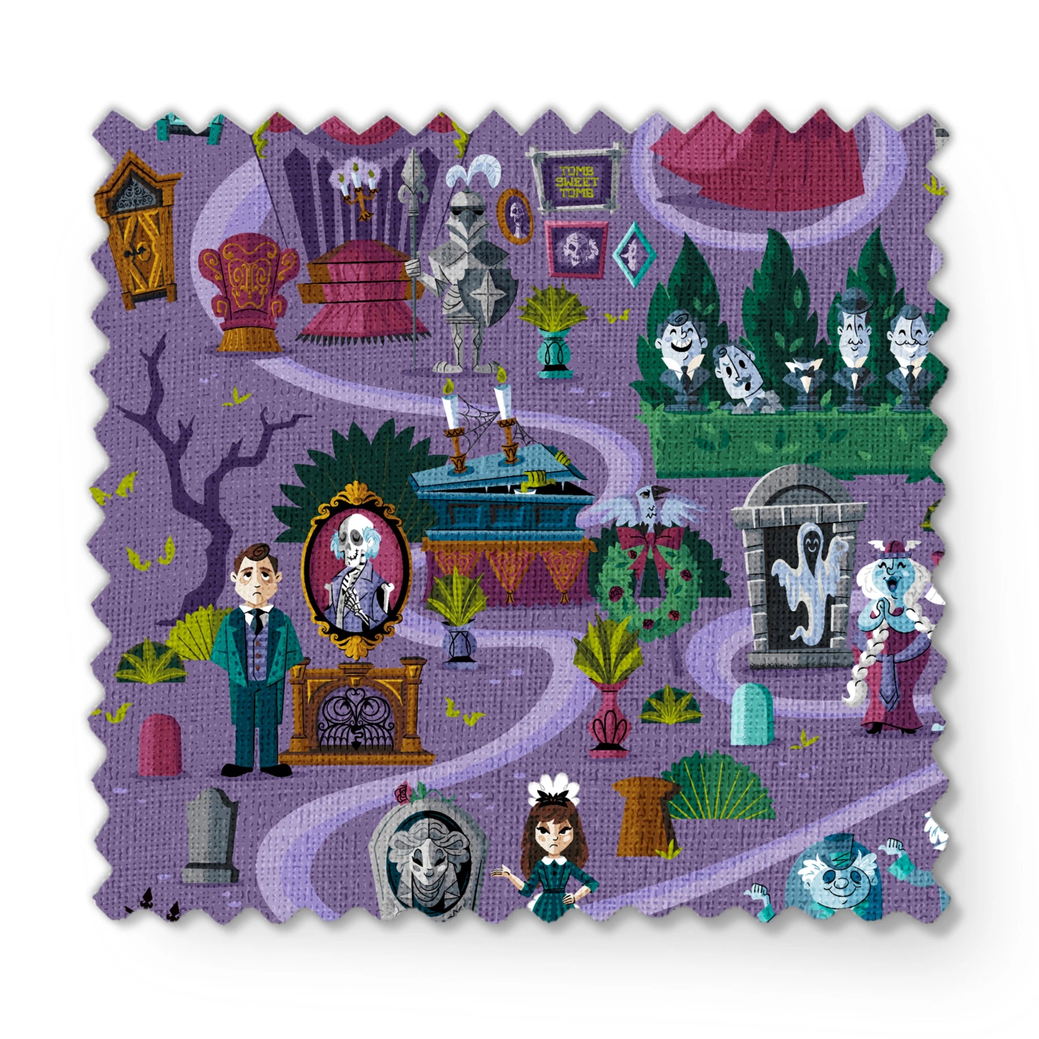 Colorful cartoon map of a spooky Halloween town with purple paths, ghosts, skeletons, and haunted houses. fabric swatch mockup