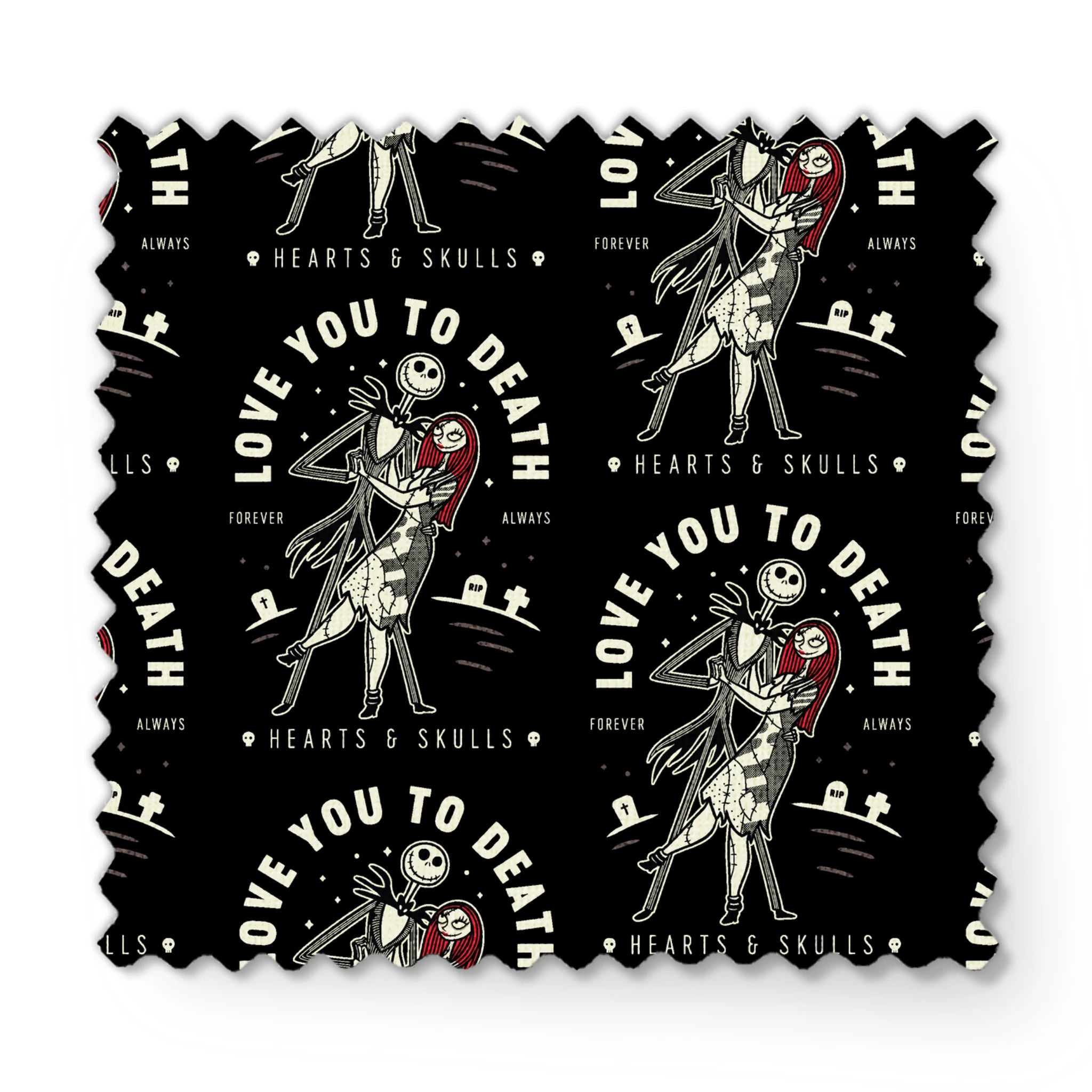 Repeating pattern of skeletal figures holding red hearts with "LOVE YOU TO DEATH" text on black background fabric swatch mockup
