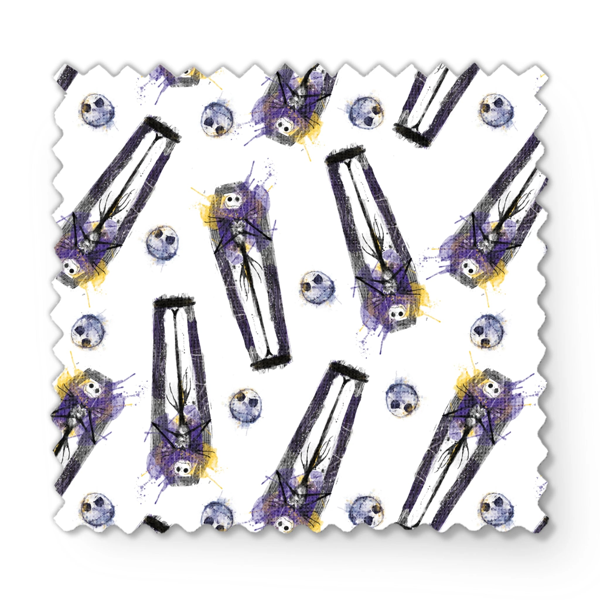 Repeating pattern of stylized gothic figures in black and purple with skull-like faces on white background fabric swatch mockup