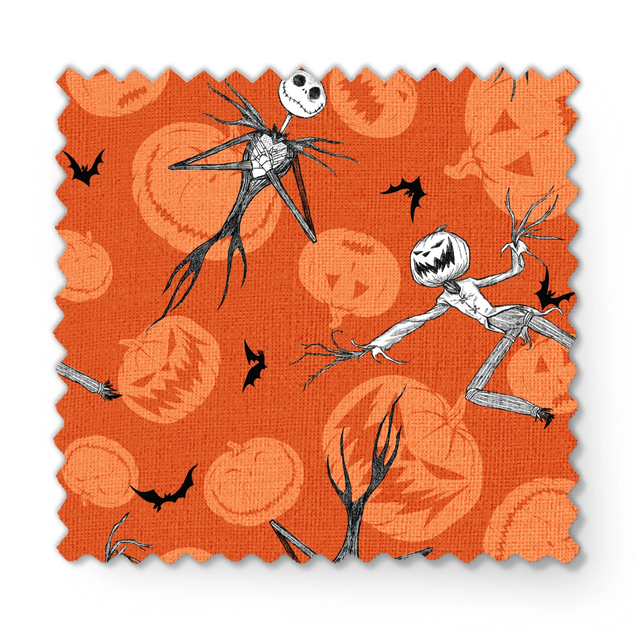 Nightmare Before Christmas pattern with Jack Skellington, bats, and jack-o'-lantern silhouettes on orange background fabric swatch mockup