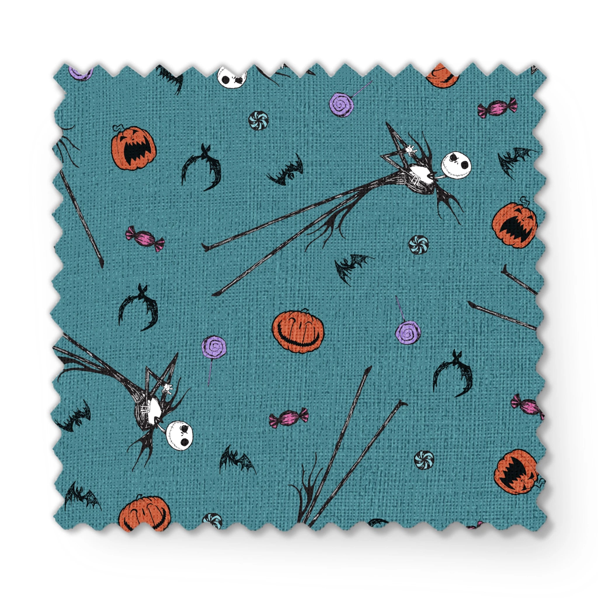 Halloween pattern with witch brooms, pumpkins, bats, candy, and creepy eyes on teal background fabric swatch mockup