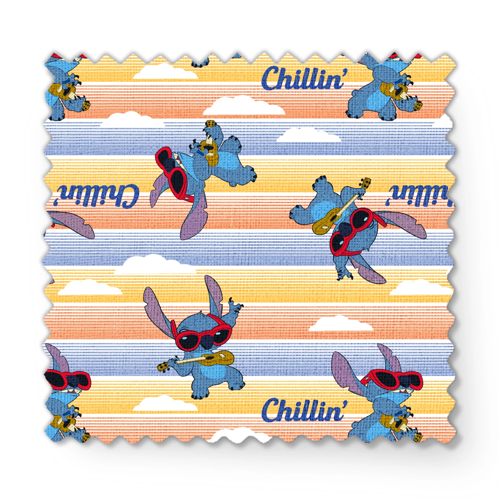 Stitch cartoon character pattern on striped yellow and blue background with "Chillin'" text fabric swatch mockup