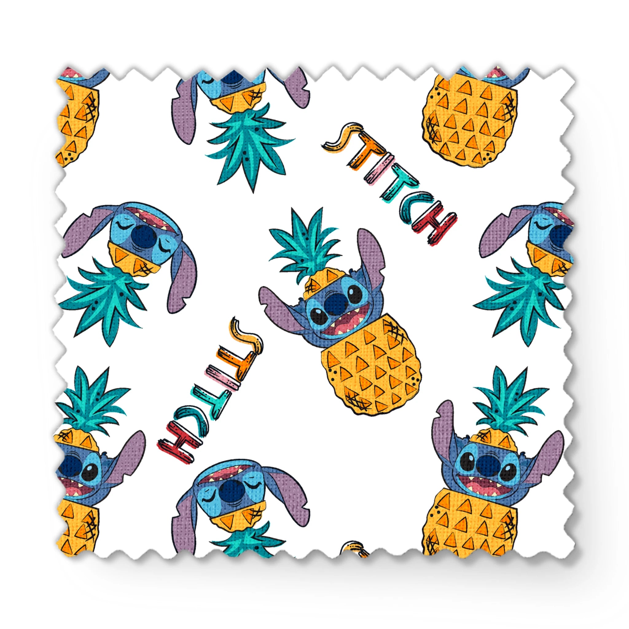 Colorful pattern of cartoon blue creatures with long ears inside pineapples, with "Stitch" text fabric swatch mockup