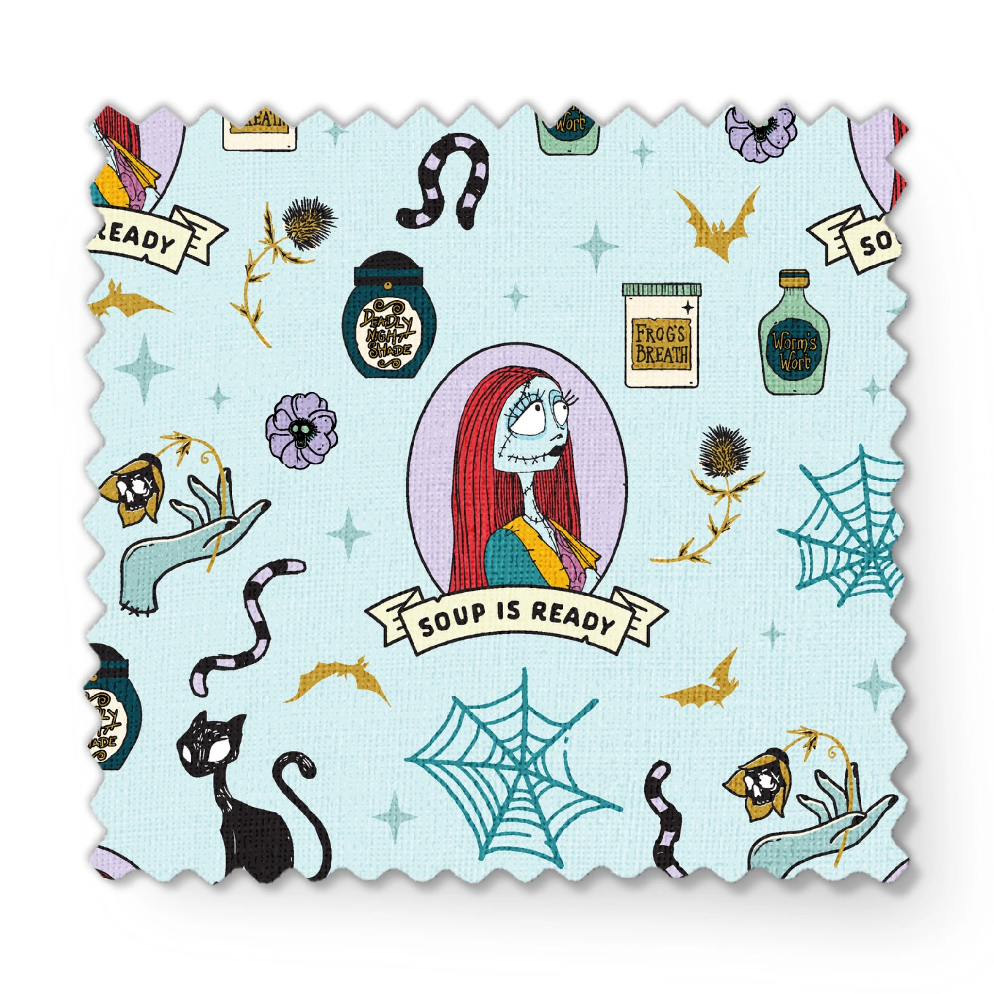 Whimsical pattern with skeletal figure in oval frame, black cats, spiderwebs, potion bottles, and "Soup is Ready" banners on light blue background. fabric swatch mockup