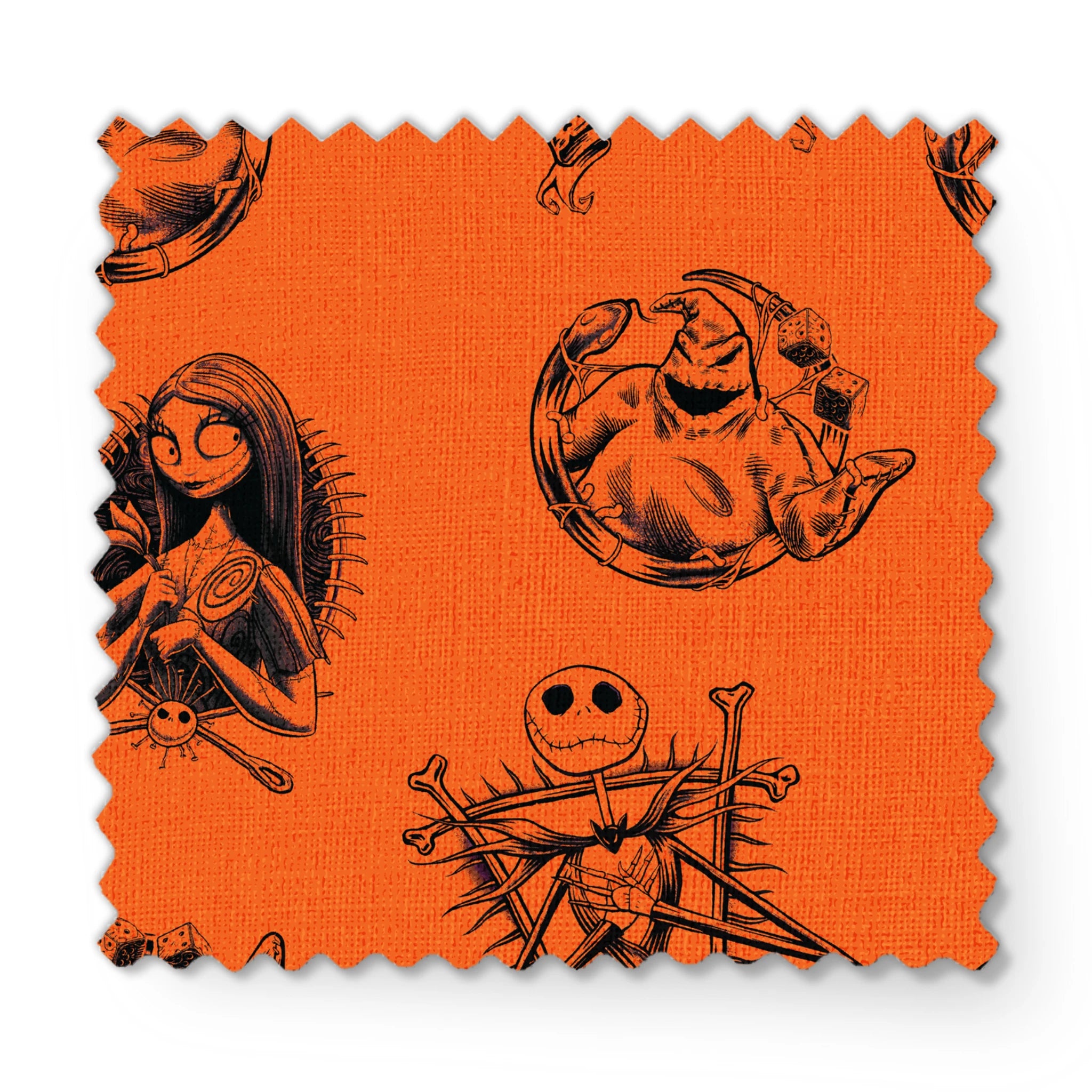 Halloween-themed pattern with spooky characters including Jack Skellington on bright orange background fabric swatch mockup