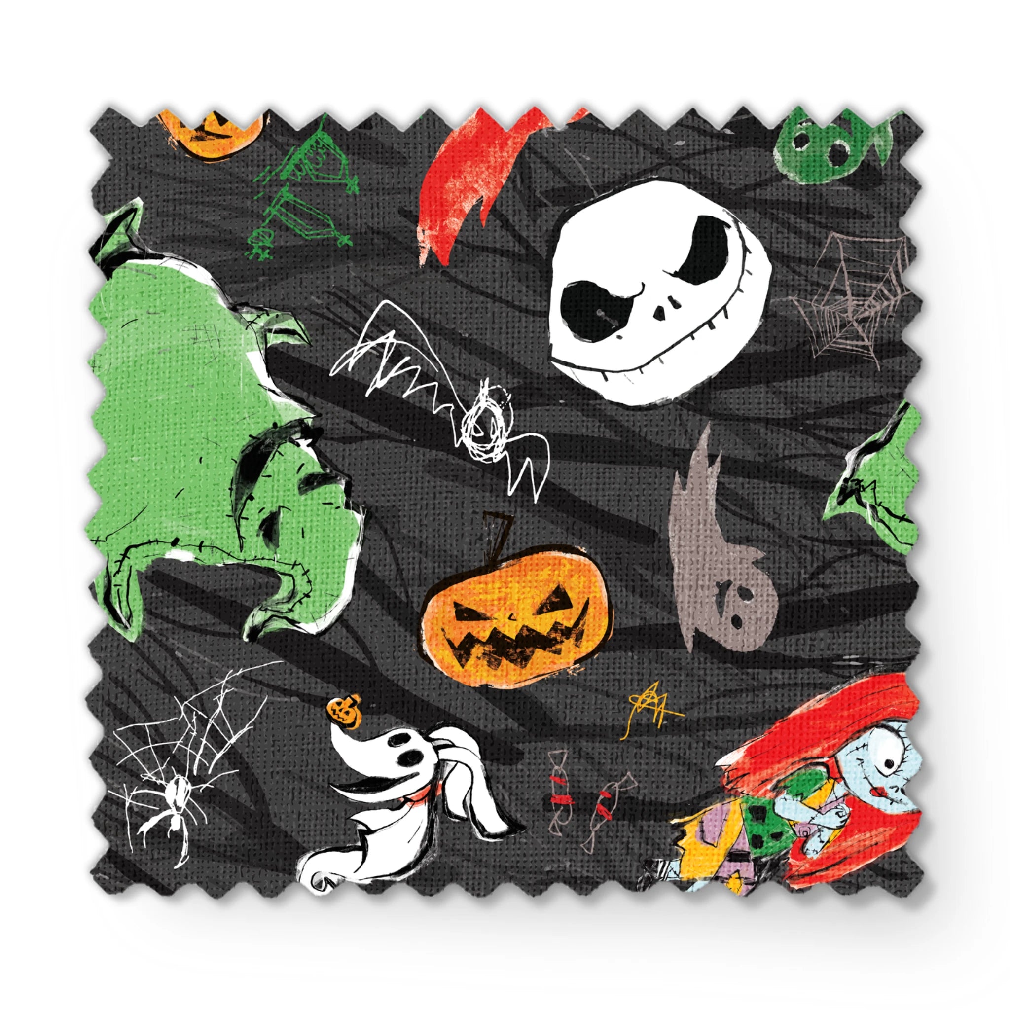 Nightmare Before Christmas pattern with Jack's face, green ghosts, orange pumpkins, spiders, and white ghosts on dark gray background fabric swatch mockup