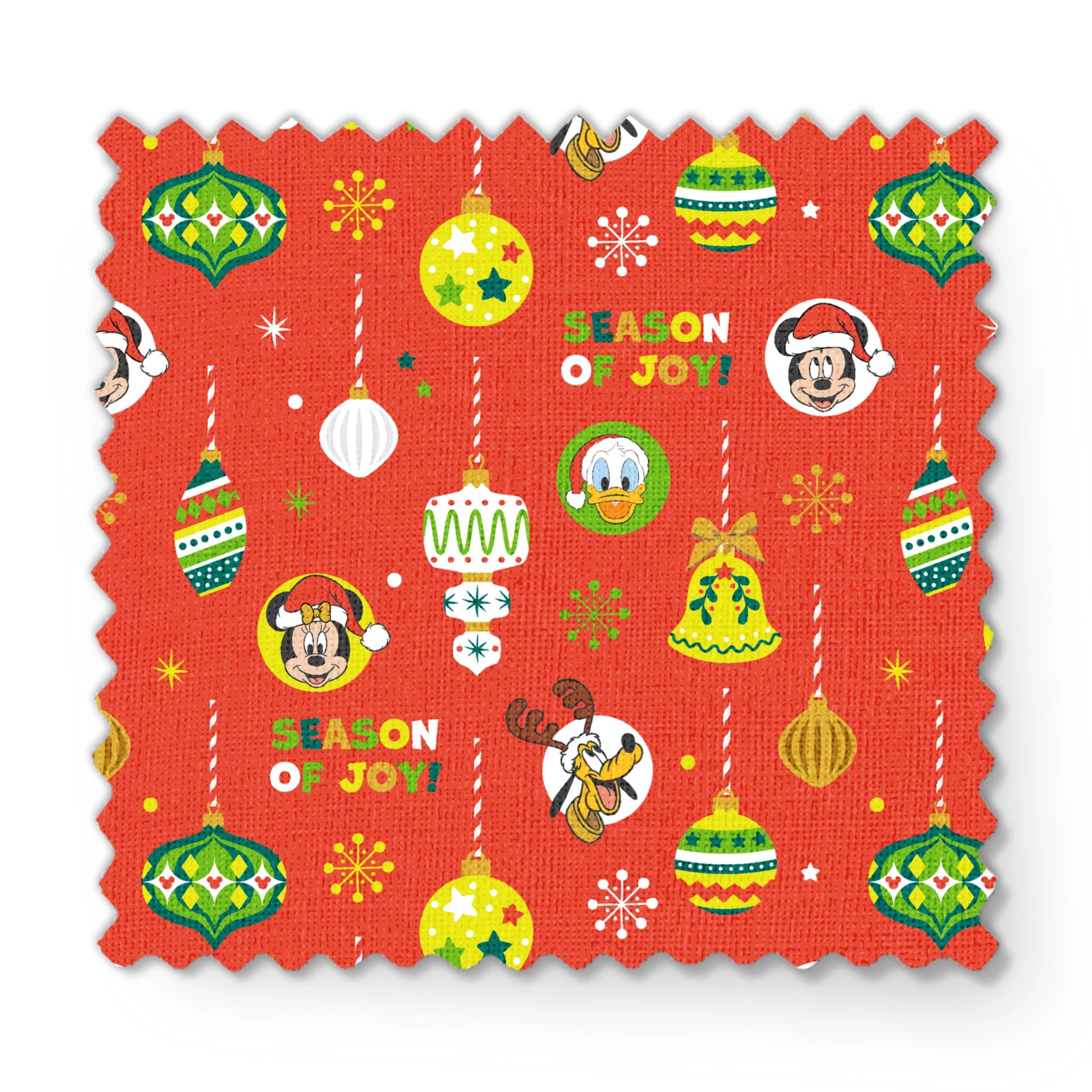 Christmas ornament pattern with colorful baubles, bells, snowflakes and Mickey Mouse characters on bright red background fabric swatch mockup