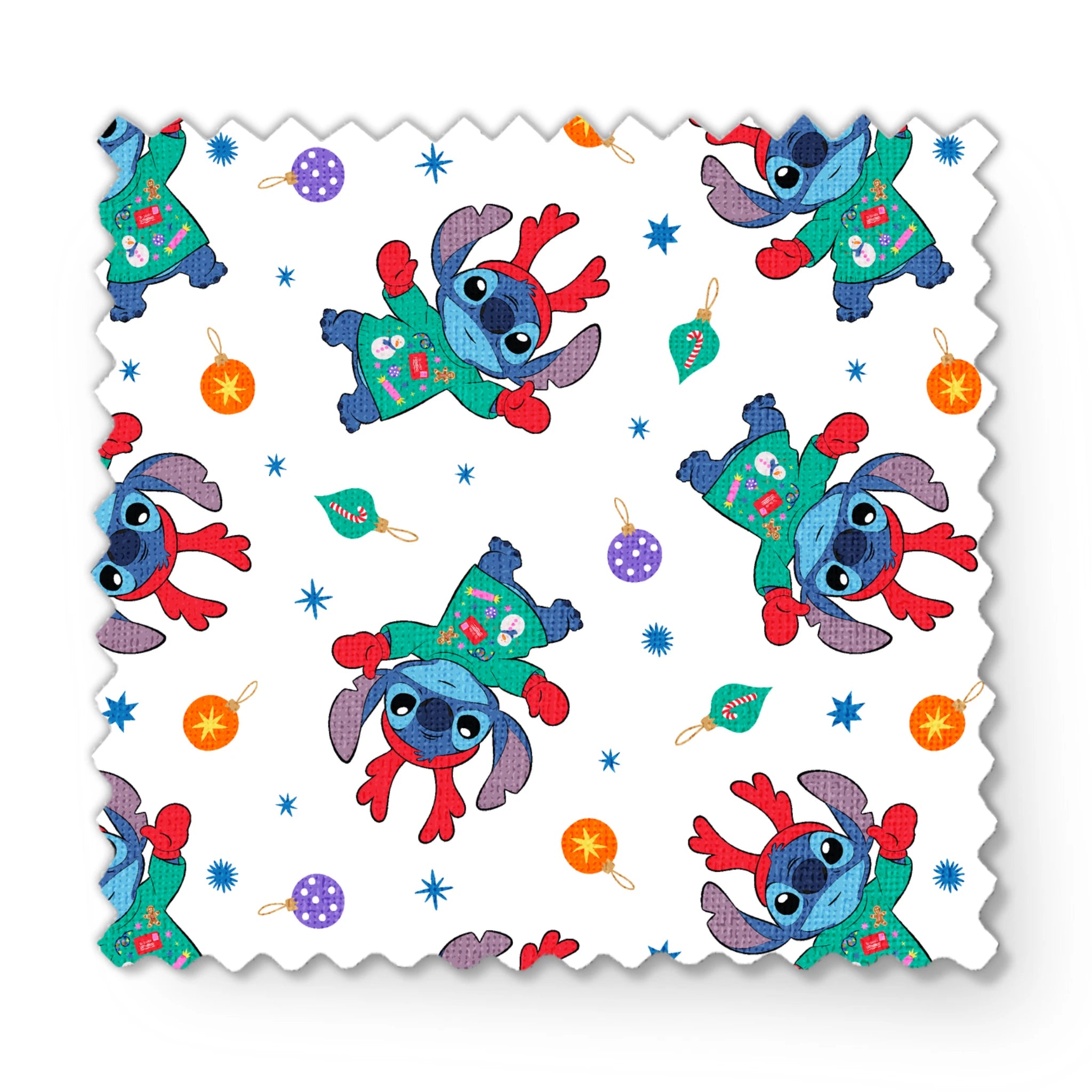 Disney's Stitch wearing green Christmas sweater and red scarf in repeating pattern with ornaments and stars. fabric swatch mockup