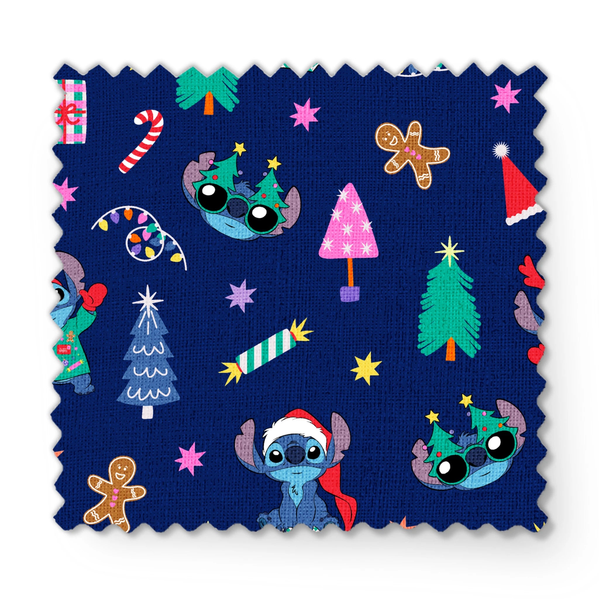 Festive Christmas pattern with Stitch, trees, candy canes, presents, and gingerbread men on navy background fabric swatch mockup