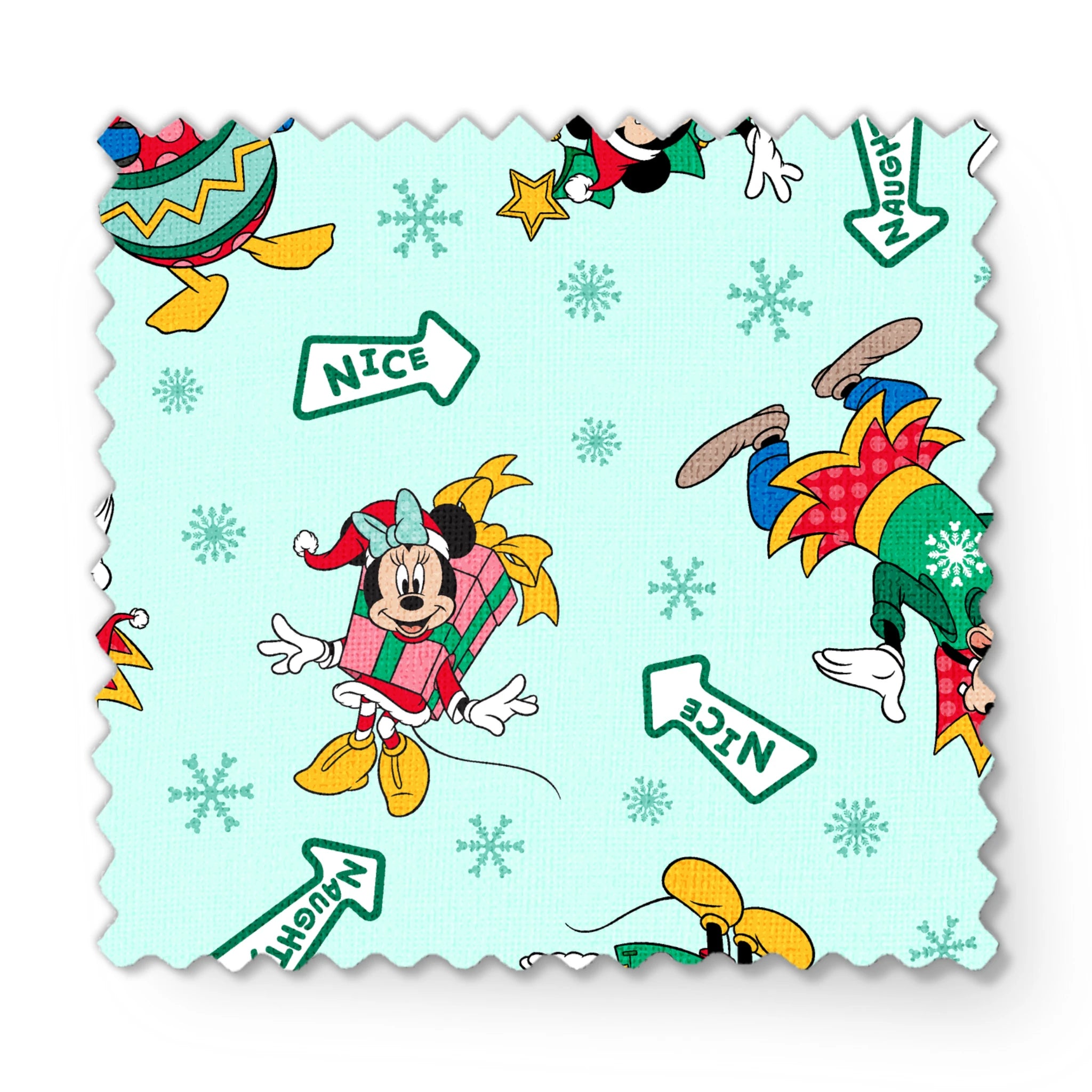 Disney character pattern with Minnie and Mickey in festive holiday outfits on light blue background with snowflakes and "Nice" signs. fabric swatch mockup