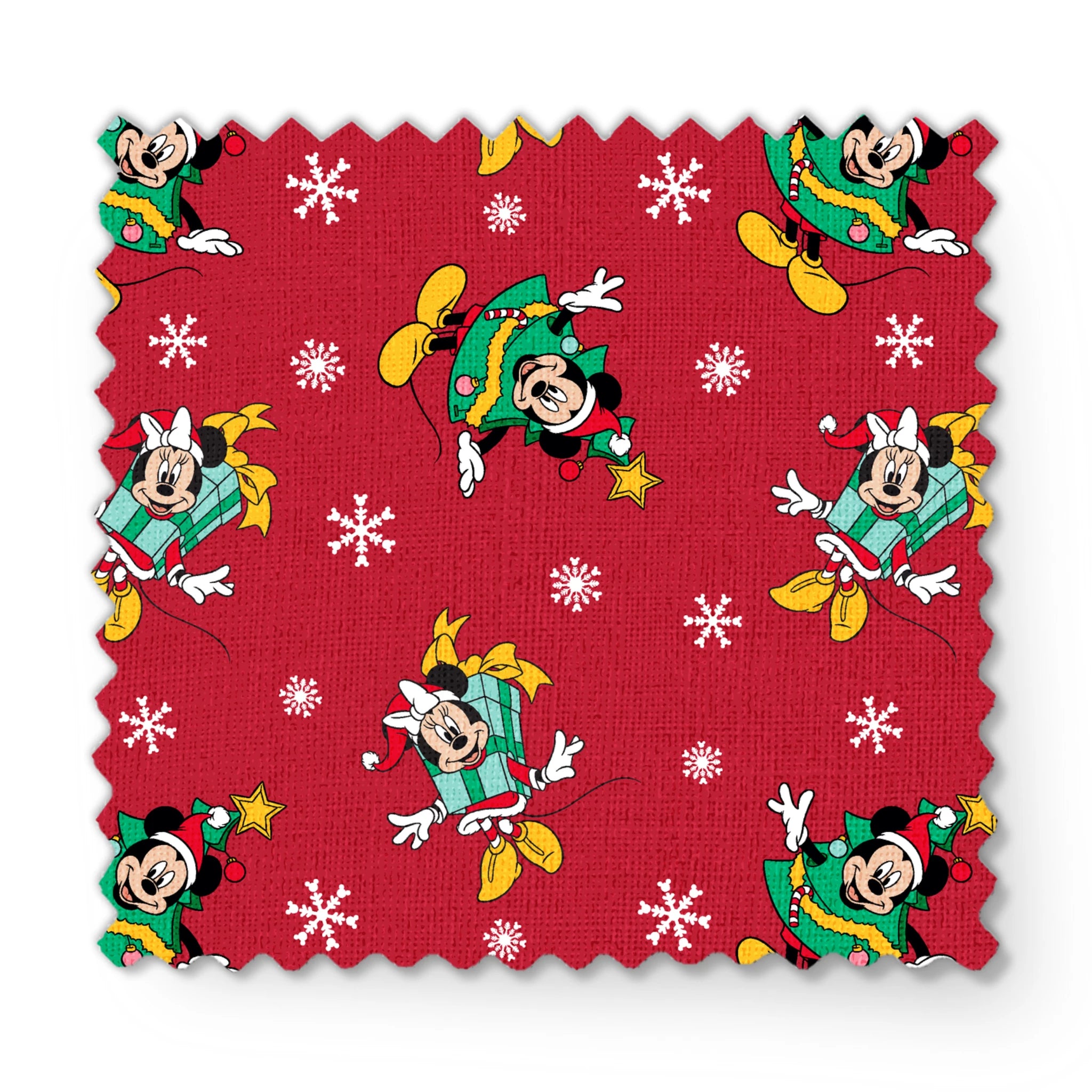 Disney characters in holiday outfits on red background with white snowflakes fabric swatch mockup