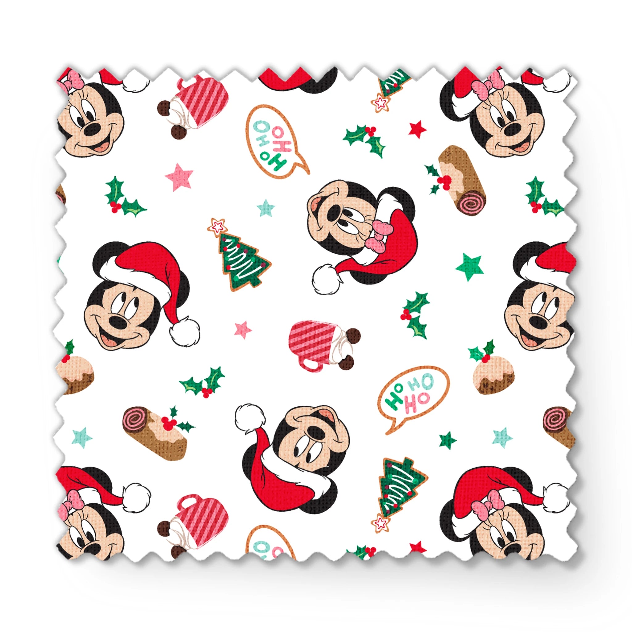 Mickey Mouse Christmas pattern with Santa hats, holly, speech bubbles, and festive decorations on white background fabric swatch mockup